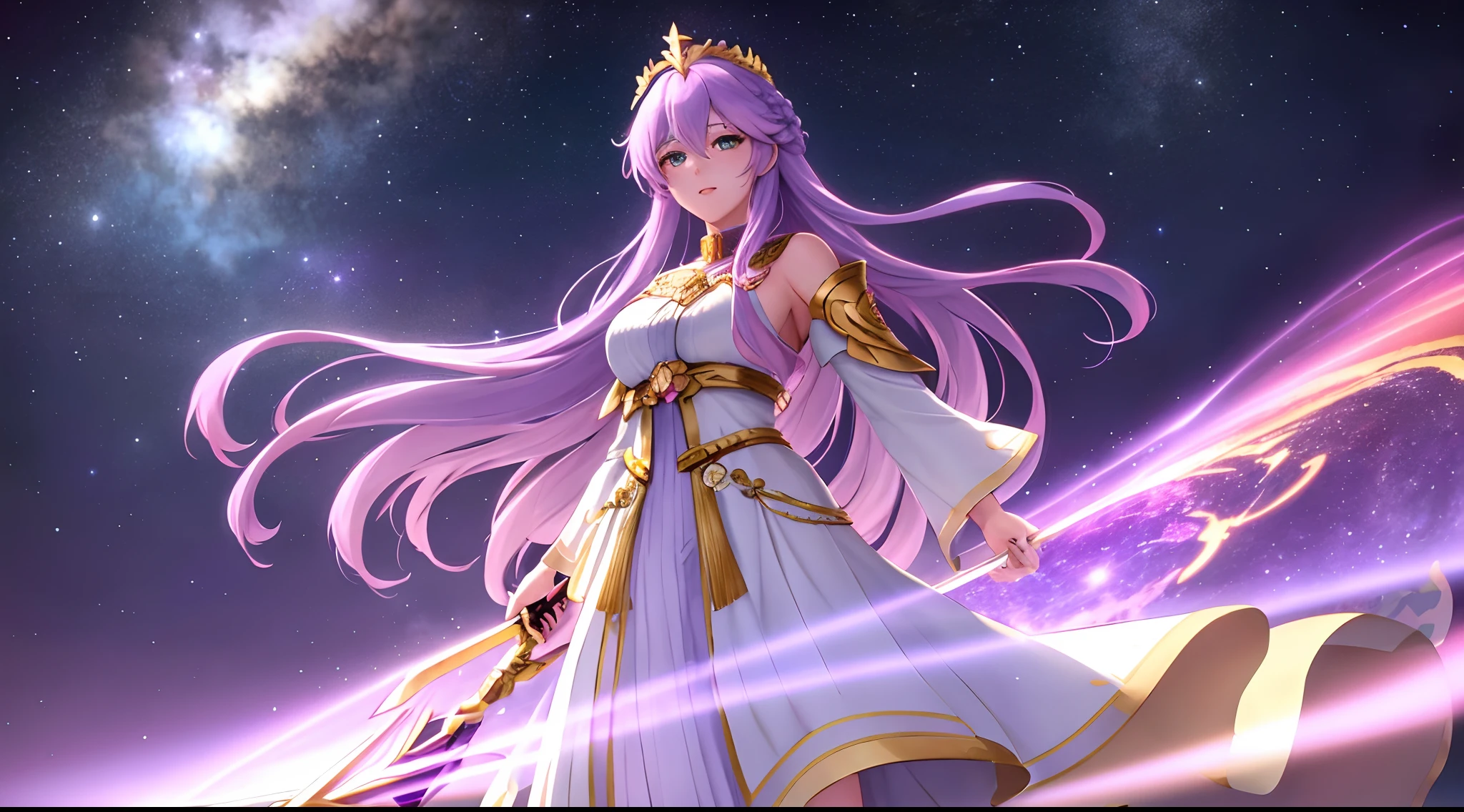 Athena with plain long light purple hair,hair between eyes,green eyes,rosy cheeks,full lips,thin eyebrows,slender body,wearing ethereal cosmic robe adorned with golden crown and full long skirt,cute anime girl,full body,night sky nebulae in background,anime style,Lumen Reflections,Screen Space Reflections,Diffraction Grading,Chromatic Aberration,GB Displacement,Scan Lines,Ray Traced,Anti-Aliasing,FXAA,TXAA,RTX,SSAO,Shaders,OpenGL-Shaders, GLSL-Shaders,Post Processing,Post-Production,cell Shading,Tone Mapping,CGI,VFX,SFX,insanely detailed and intricate, 4K,standing, solo, masterpiece, best quality, detailed face, detailed eyes, highres, standing, solo,masterpiece, best quality