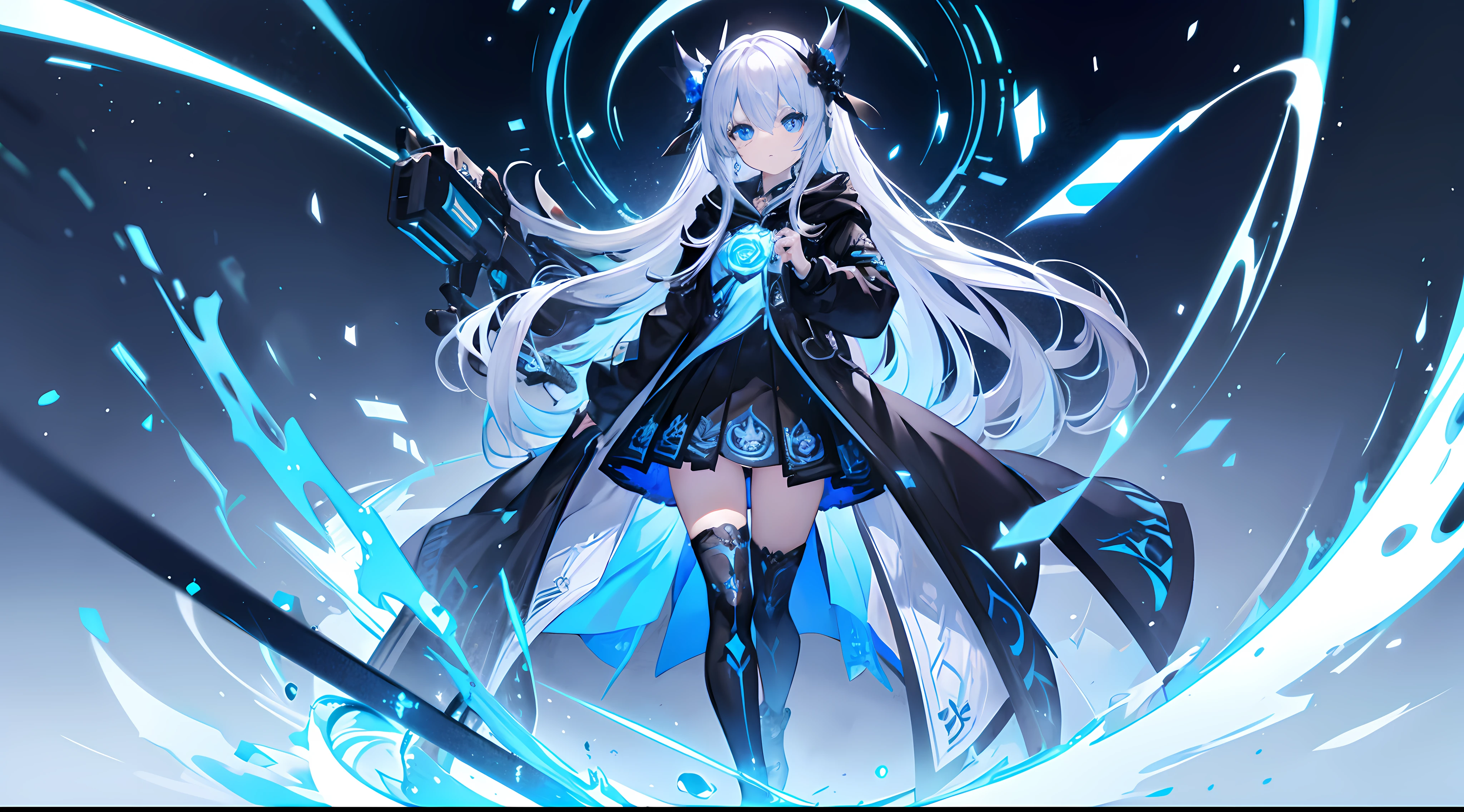 Top image quality、Standing picture、full body Esbian、ultra-definition、Detail Facial、A detailed eye、illustratio、the original god、a cool、With long silver hair、blue eyess、Blue glowing eyes、teens girl 、Black hoodie、Cyberwind、wearing black boots、a black skirt、Glowing blue headphones、Blue rose hair ornament、Blue roses、games、Facing the front、Hold a cyber-style glowing blue gun、Blue rose petals、Holding a gun、Laser beam