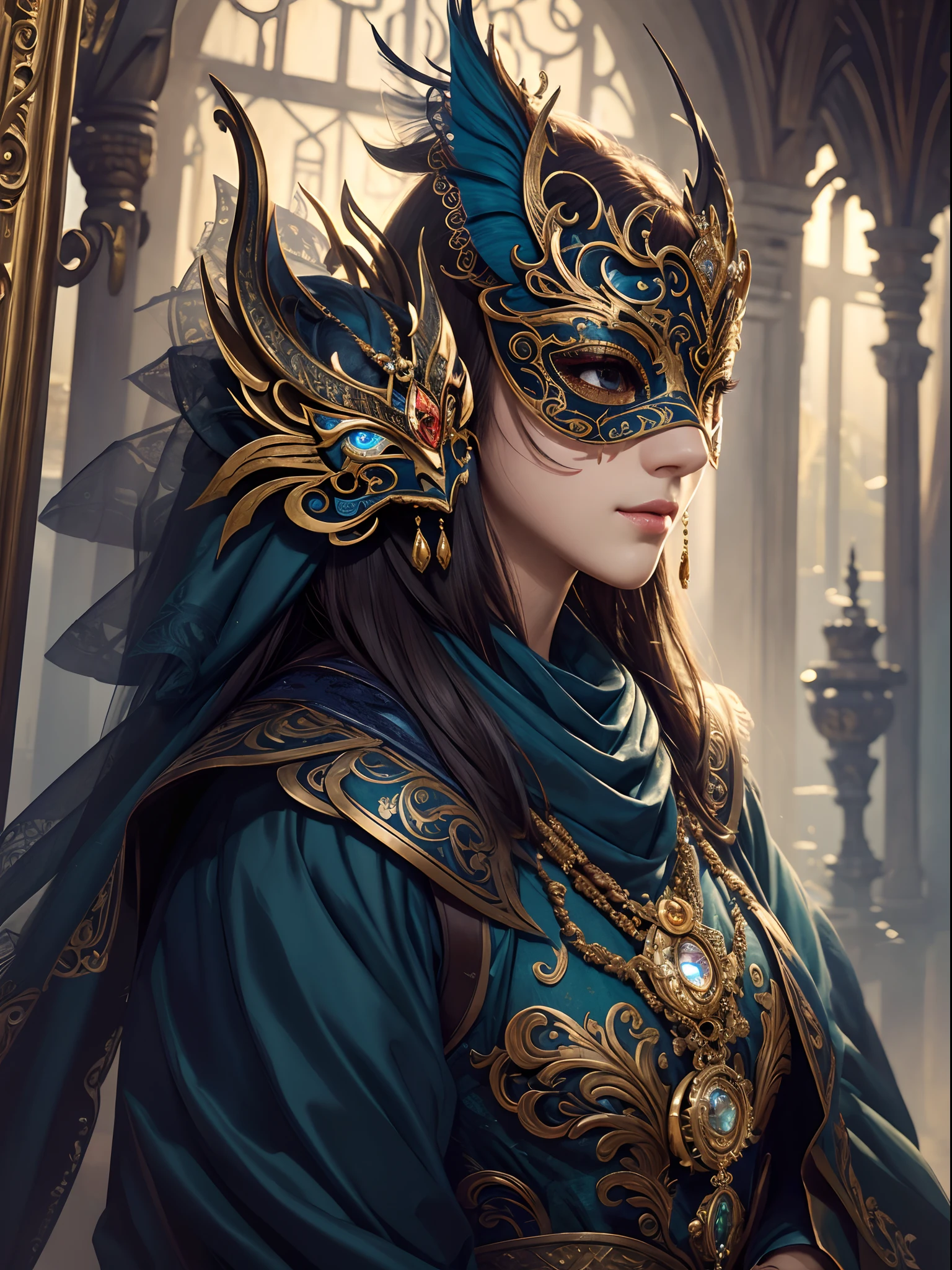 Vibrant colors、Best Quality, ​master piece、aesthetics、Mysterious、Masquerade、masquerade、Detailed mask design、matchless beauty、refinement、detailed environment, (Best Quality, Ultra-detailed, Realistic:1.37)、thirds rule、Perfect Angle、perfect-composition、Oil Painting、Fantastic and soft lighting、