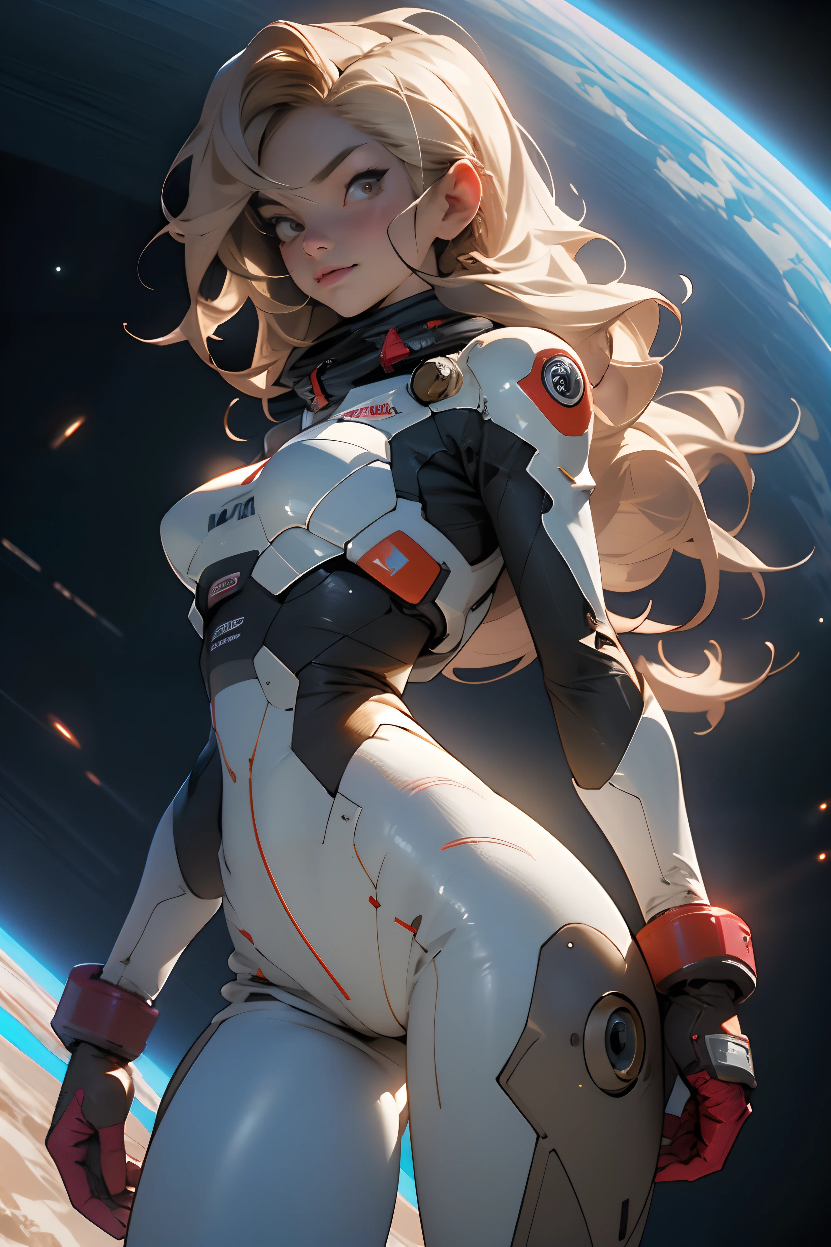 rear view, backside view, sandy hair, fit body, large breasts, slender thighs, slender waist, pilot suit, solo, looking away from the viewer, in space long hair, blushing, slight smile, 8k, extreme detail, sharp detail on face, beautiful face,