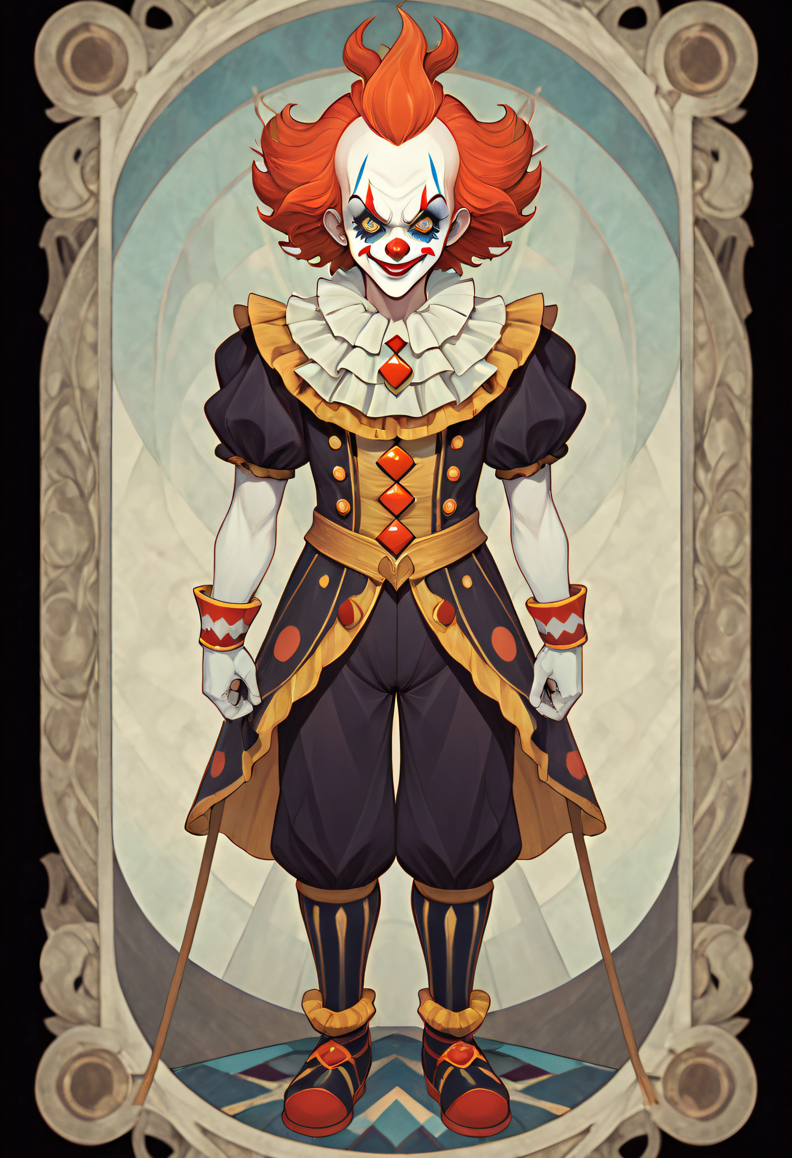 1boys, Clown costume, grexaggerated movements, comical, Full body standing painting, (((独奏))), Clear facial features, Simple line design, ((tarot card background, symmetric beauty)), perfectly symmetrical, The art of symmetry, Standing drawings of characters, ((flatcolors)), tmasterpiece,top Quority,best qualtiy,超高分辨率, ((Clear facial features,beautidful eyes,beauitful face, Exquisite facial features))
