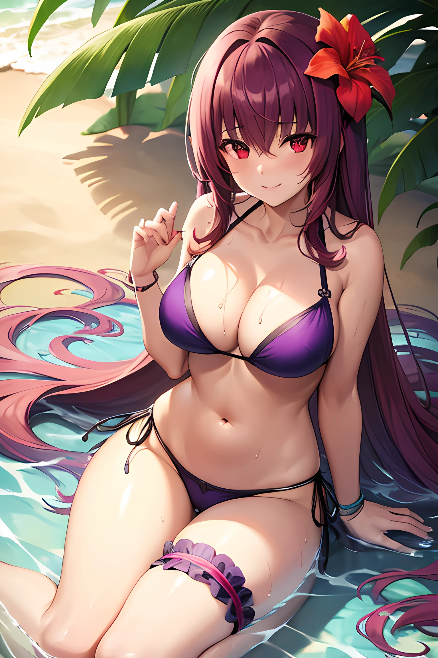 Illustration 4k, scathach, long hair, purple hair, (red eyes:1.5), bare shoulders, bikini, bracelet, bridal garter, cleavage, collarbone, flower, hair flower, hair ornament, hibiscus, jewelry, navel, purple bikini, sarong, swimsuit, thighs, on a sunny beach, (light skin), (sweating) ,(beautiful scenery),(perfect face), masterpiece, blush, 1girl, solo,  full body, MILF, beautifully drawn eyes, perfect eyes, perfect lighting, playing in the water, smile, smile