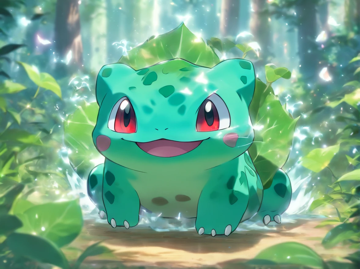 Bulbasaur is training to brush his teeth,Highest image quality,Cinematic texture,Super masterpiece,tmasterpiece,In the forest