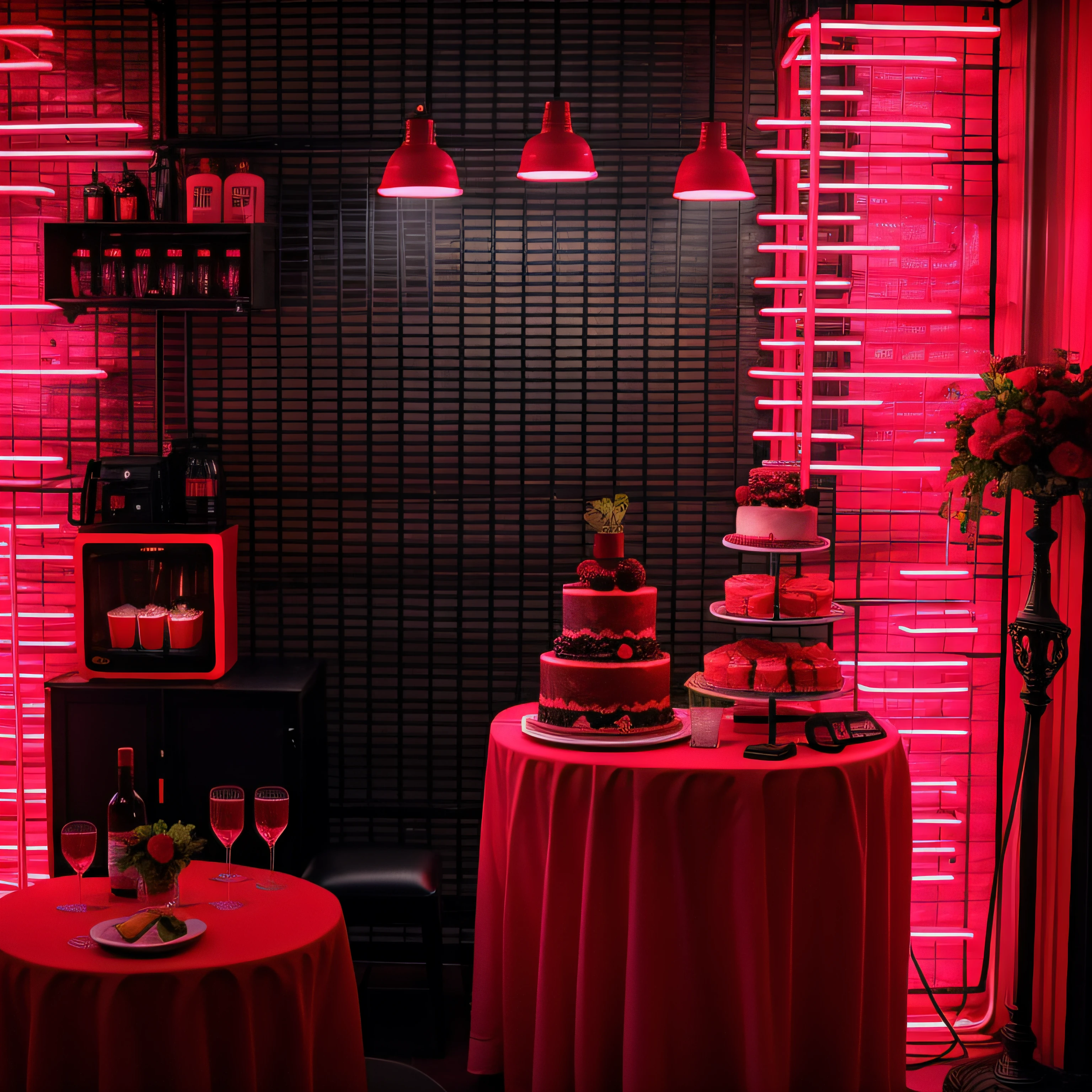 There were two cakes on the table，There are red lights behind, Red neon detail, Dramatic neon lighting, neon pink and black color scheme, atmospheric red lighting, with neon lights, Neon accent lights, red neon light, neon atmosphere, red neon lights inside it, detailed red lighting, Dark neon lighting, red and cinematic lighting, Neon lights in the background