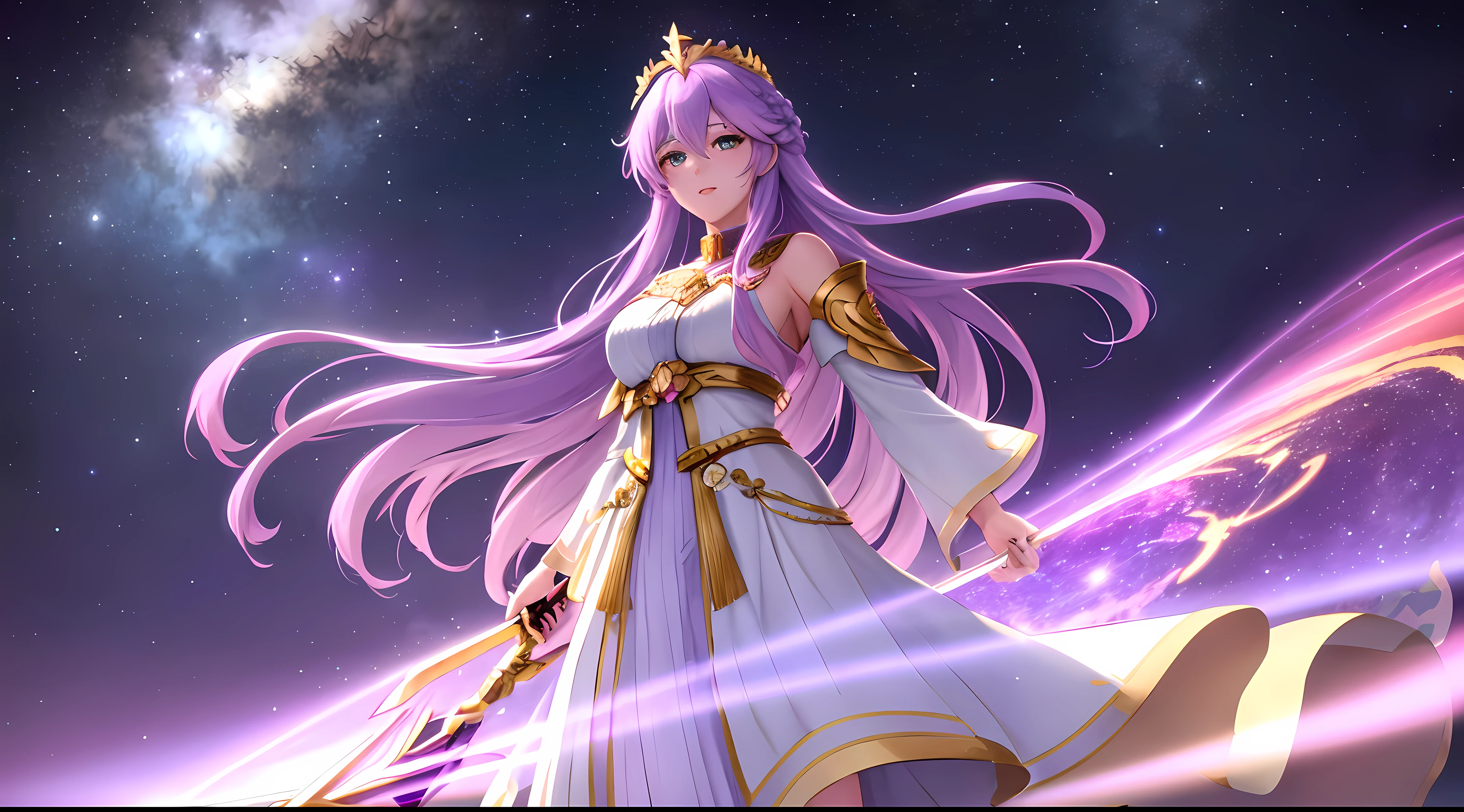 Athena with plain long light purple hair,hair between eyes,green eyes,rosy cheeks,full lips,thin eyebrows,slender body,wearing ethereal cosmic robe adorned with golden crown and full long skirt,cute anime girl,full body,night sky nebulae in background,anime style,Lumen Reflections,Screen Space Reflections,Diffraction Grading,Chromatic Aberration,GB Displacement,Scan Lines,Ray Traced,Anti-Aliasing,FXAA,TXAA,RTX,SSAO,Shaders,OpenGL-Shaders, GLSL-Shaders,Post Processing,Post-Production,cell Shading,Tone Mapping,CGI,VFX,SFX,insanely detailed and intricate, 4K,standing, solo, masterpiece, best quality, detailed face, detailed eyes, highres, standing, solo,masterpiece, best quality