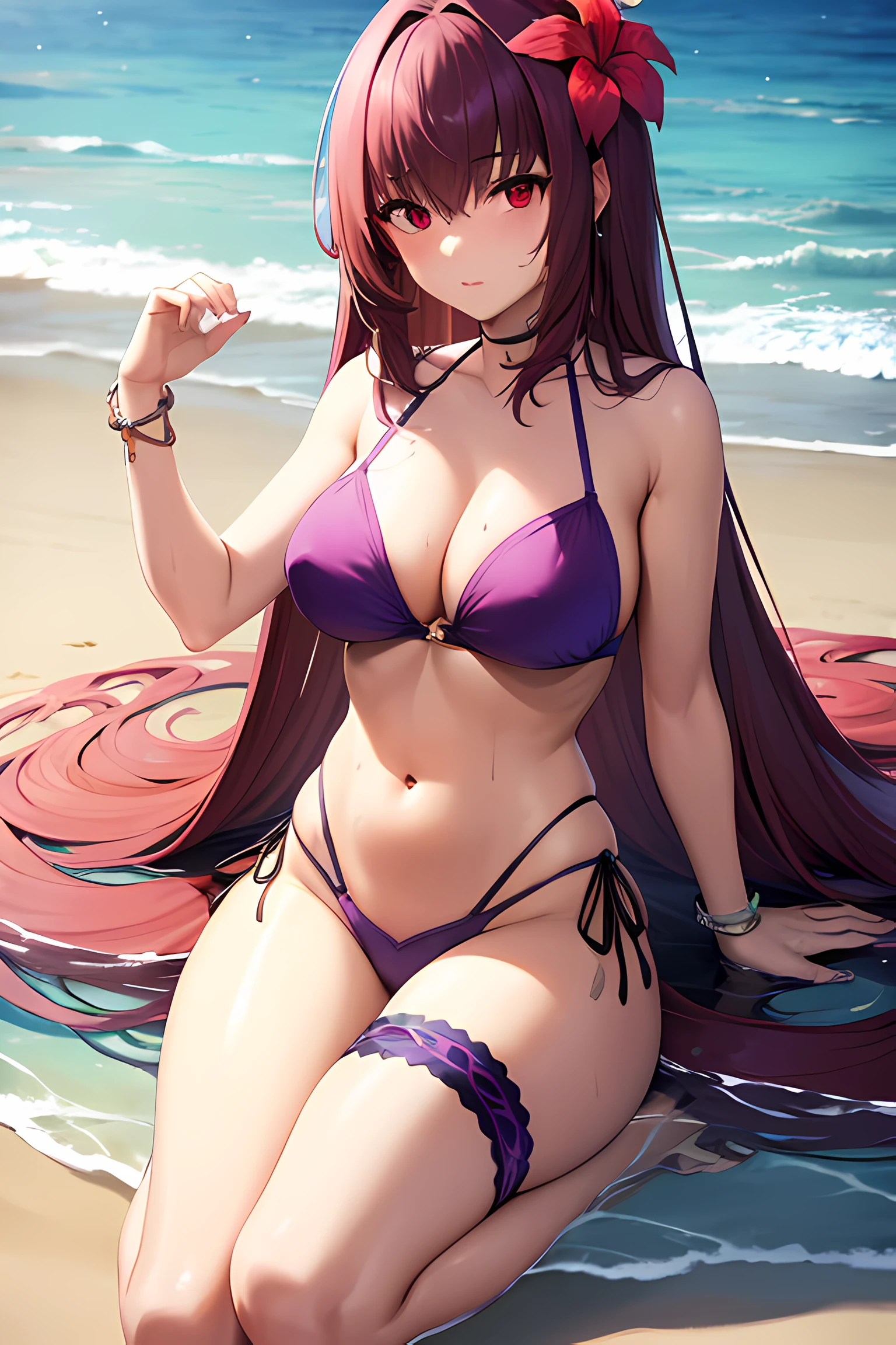 Illustration 4k, scathach, long hair, purple hair, (red eyes:1.5), bare shoulders, bikini, bracelet, bridal garter, cleavage, collarbone, flower, hair flower, hair ornament, hibiscus, jewelry, navel, purple bikini, sarong, swimsuit, thighs, on a sunny beach, (light skin), (sweating) ,(beautiful scenery),(perfect face), masterpiece, blush, 1girl, solo, full body, MILF, beautifully drawn eyes, perfect eyes, perfect lighting, playing in the water,