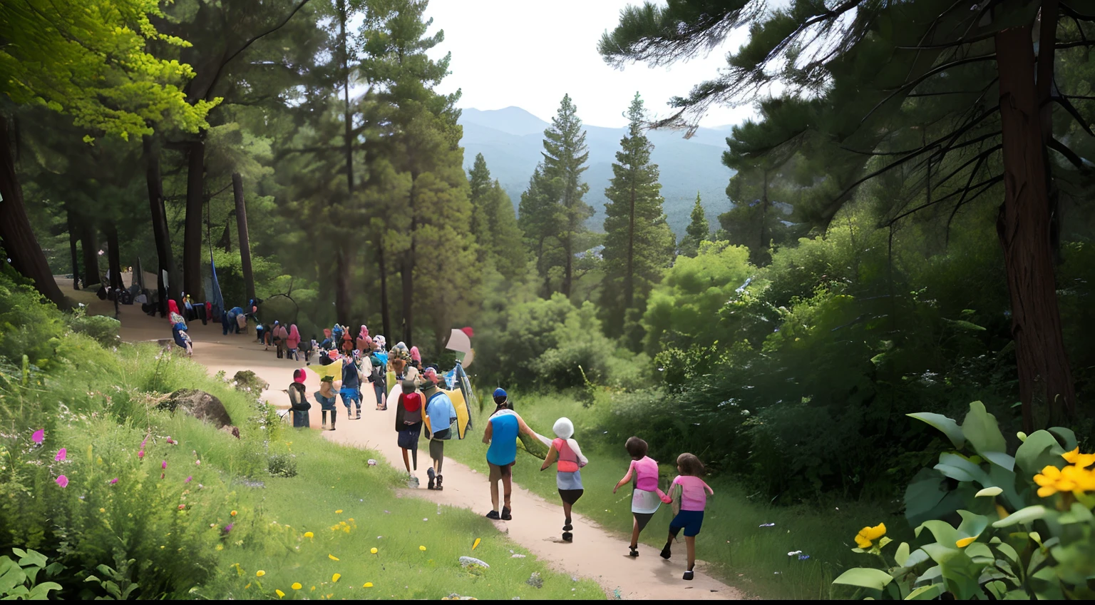 and adults climb the mountain together,Admire the beautiful wildflowers and exotic stones