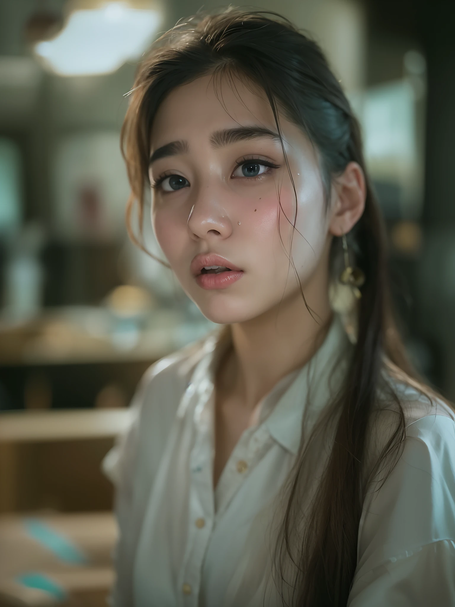 solo, stand in the kitchen, a malay girl, milk falls on the chest area of the shirt, sad face, head tilt, eye close, very wet shirt with milk, torn shirt, (delicate illustration:1.4), (renaissance art:1.4), (masterpiece:1.0), (best quality:1.4), (ultra highres:1.2), (photorealistic:1.4), (8k, RAW photo:1.2), (soft focus:1.4), (20yo:1.3), (sharp focus:1.4), detailed beautiful face, cinematic lighting, movie shot angle and framing, bokeh,