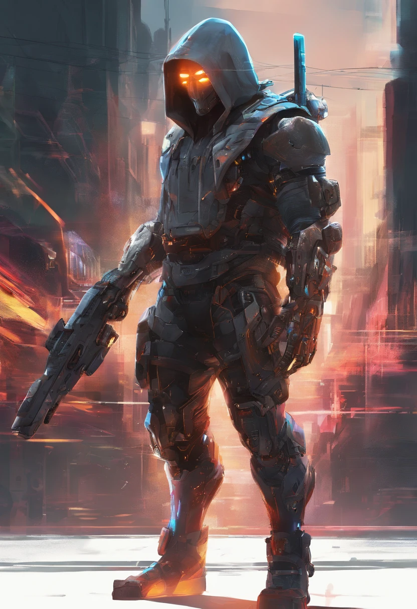 (best quality,highres,ultra-detailed,realistic:1.2), male with robotic arms wearing sleeveless hoodie, brown-eyed, brown ponytail, crackling energy, light beard, futuristic concept, vivid colors, glowing neon lights, impressive physique, powerful stance, cyberpunk style, metal texture, industrial setting, cityscape background