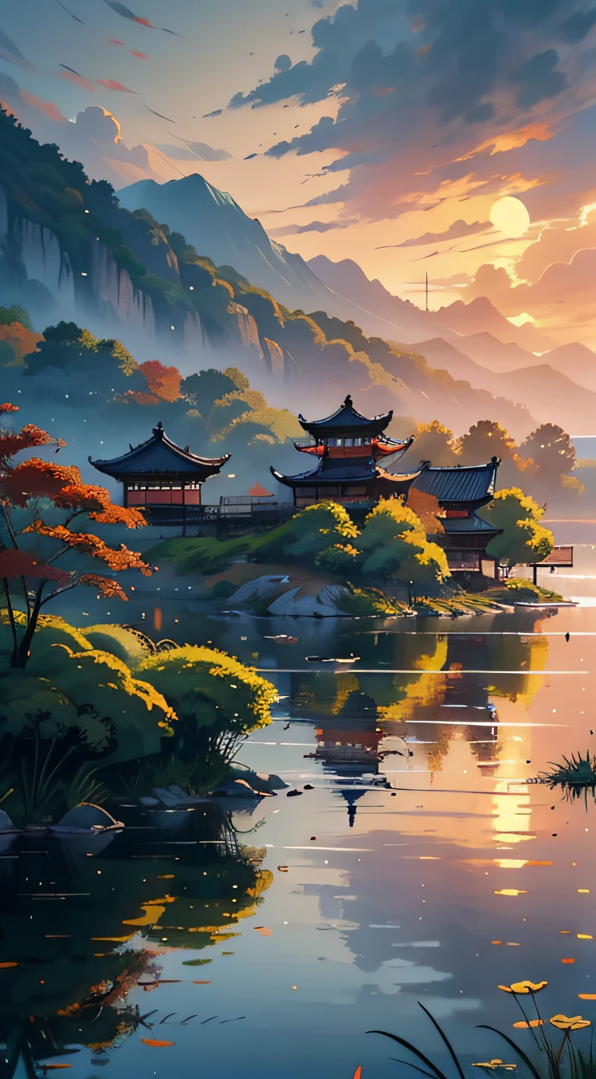 Embroidery,Leaning over,Yamabara has a clear view,Kawasawa was shocked。Lu Yan flew to the ground,Bells Food House;Shipultyazu,The home of the Green Sparrow Yellow Dragon Armour。The clouds are raining,Cai Che District Ming。The sunset and the solitary crane fly together,The autumn water is the same for a long time。Fishing boats sing late,Sounded the shore of poor Penley;The wild geese were frozen,The sound cuts off the shop of Hengyang。(Sunset landscape painting),((The vista is a huge sunset over the skyline)),(Connected to the lake),((Flying birds)),((Several ships)),Autumn tones,(an Chinese ink painting style),(Masterpiece),(Extremely detailed picture description),(8k wallpaper),(Master painting),(Noticeable light and shadow effects),(Ray traching),(Obvious layers),(depth of fields),(best qualityer),Ray