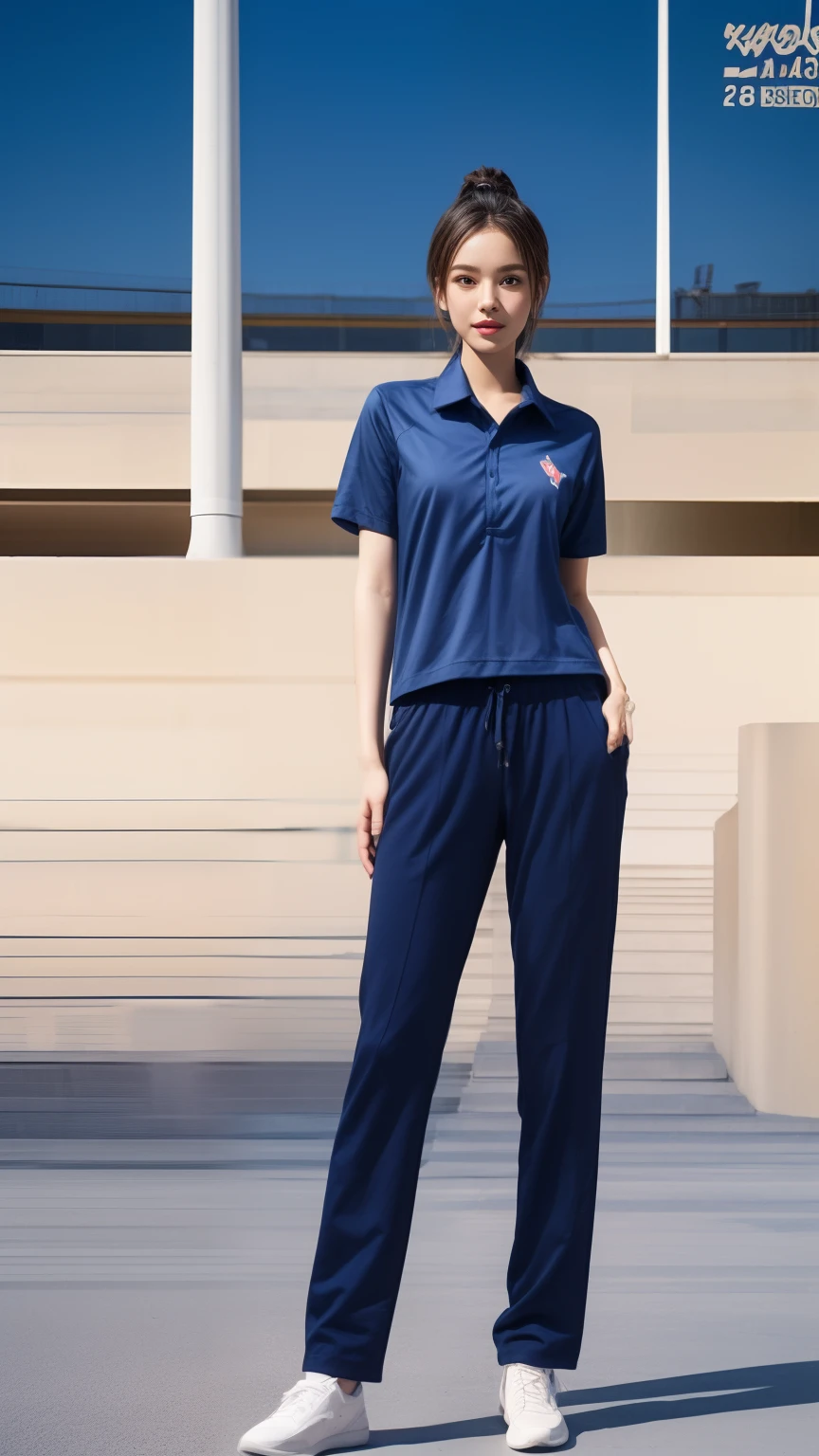 (bestquality,10,10,highres,masterpiece:1.2),ultra-detail,(Realistic,photorealistic portrait,photo-realistic:1.37),1 Cute girl in the football field,oily shiny skin,bara,light smile,BDclothes,((blue shirt:1.3)),short sleeves,shirt, trousers.,(navy_long_Pants Track:1.1), ((Stadium Background:1.3)),dynamic angle,excited,face focus,Dynamic Poses,from behide,Ass Focus,masterpiece, bestquality, ultra realistic, hyper-detail, 8k resolution, RAW photo, crisp focus, ((Navy blue shirt:1.1)), short sleeves, Long Path, Perfect body, 2 mature women, 18yo, cinematic light,Blue sweatpants,Gymware,Correct anatomy,Complete body, Correct body, sharp face, Anatomically correct body, full entire body, Realistic gestures, long-haired, Realistic poses,Wear long shorts..............,Long leg span,Shapely,Sculpting Girl, Slender Figure, mannequin mannequins, Shapely, Beautiful body,Blue sweatpants