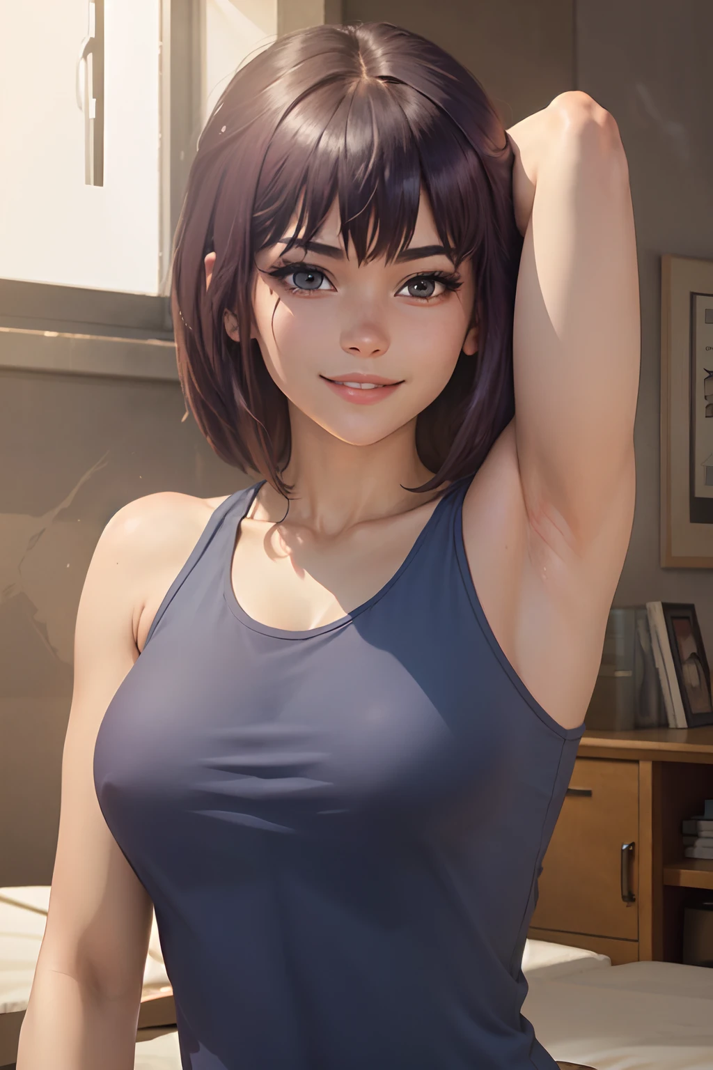 A gorgeous girl with a perfect body is smiling in a sleeveless shirt, showcasing her armpit beauty. The artwork is of ((masterpiece quality)), with ultra-detailed features and realistic rendering. The lighting creates a soft and flattering atmosphere, highlighting the girl's beauty. The colors are vibrant and vivid, enhancing the overall appeal of the image.