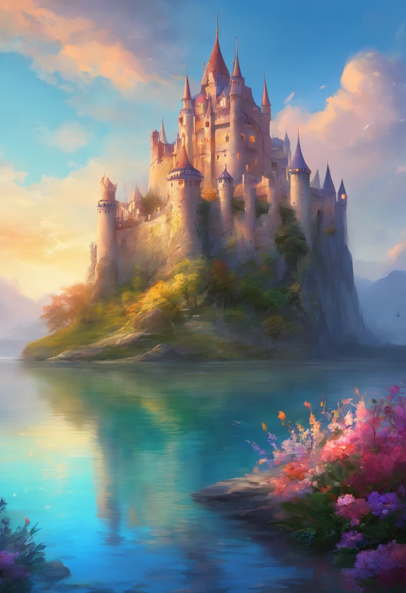 Un hermoso lago azul en el fondo, A large medieval castle, por sus alrededores tenga hermosas flores, que sea un dia despejado y hermoso.