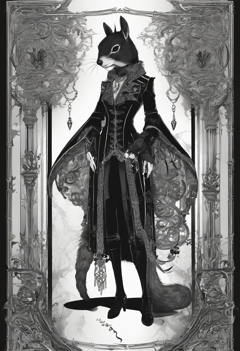 Oh high, Scrawny, Broad-shouldered anthropomorphic squirrel (Furry). Black head and muzzle. Human eyes, Sparkling with Steely Grey and Ominous. Black, Hair long, Smoothly fall backwards、Braided into pigtails. Wear dark clothes, Stylistically, Long coat.