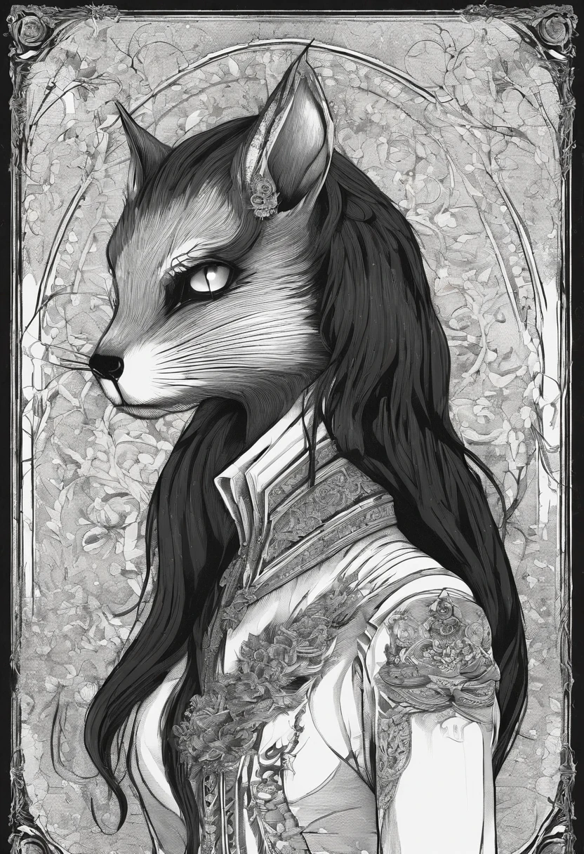 Oh high, Scrawny, Broad-shouldered anthropomorphic squirrel (Furry). Black head and muzzle. Human eyes, Sparkling with Steely Grey and Ominous. Black, Hair long, Smoothly fall backwards、Braided into pigtails. Wear dark clothes, Stylistically, Long coat.