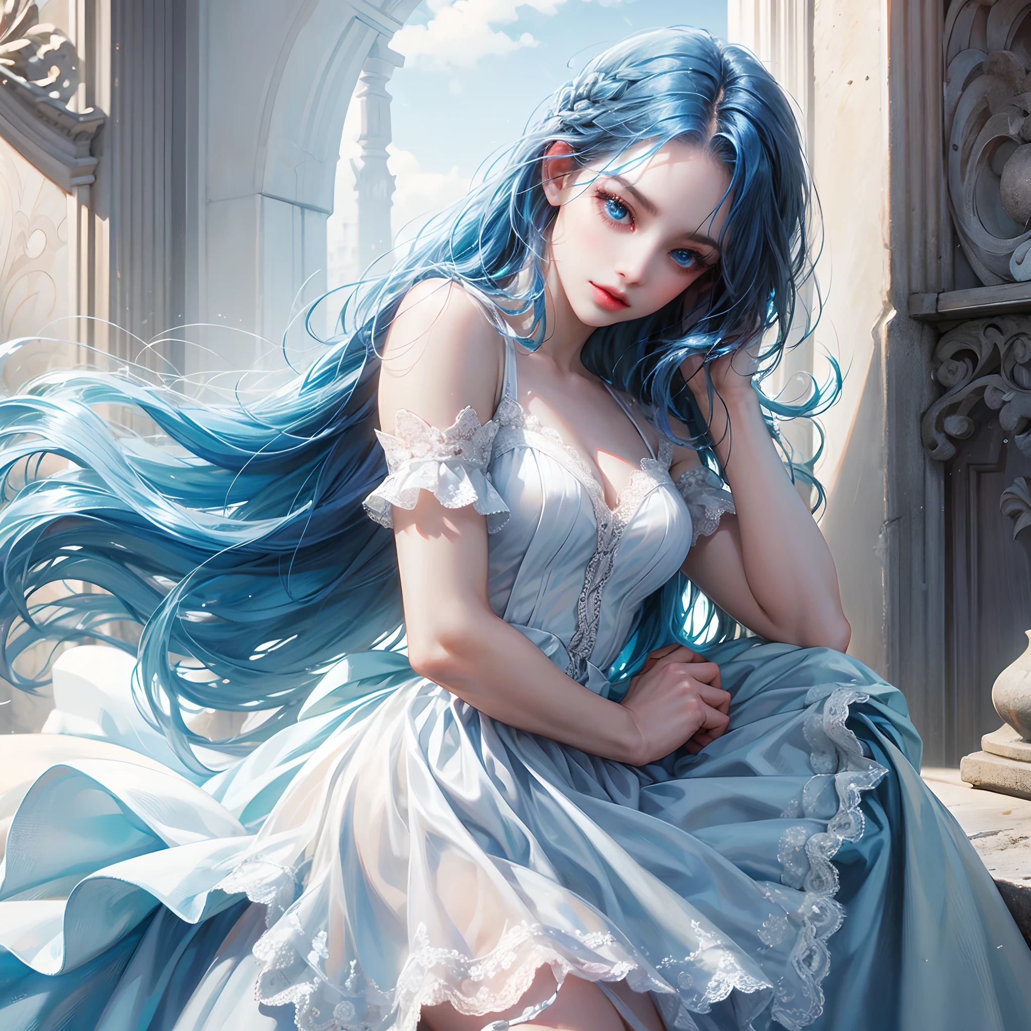 a women, blue hair, blue eyes, white dress