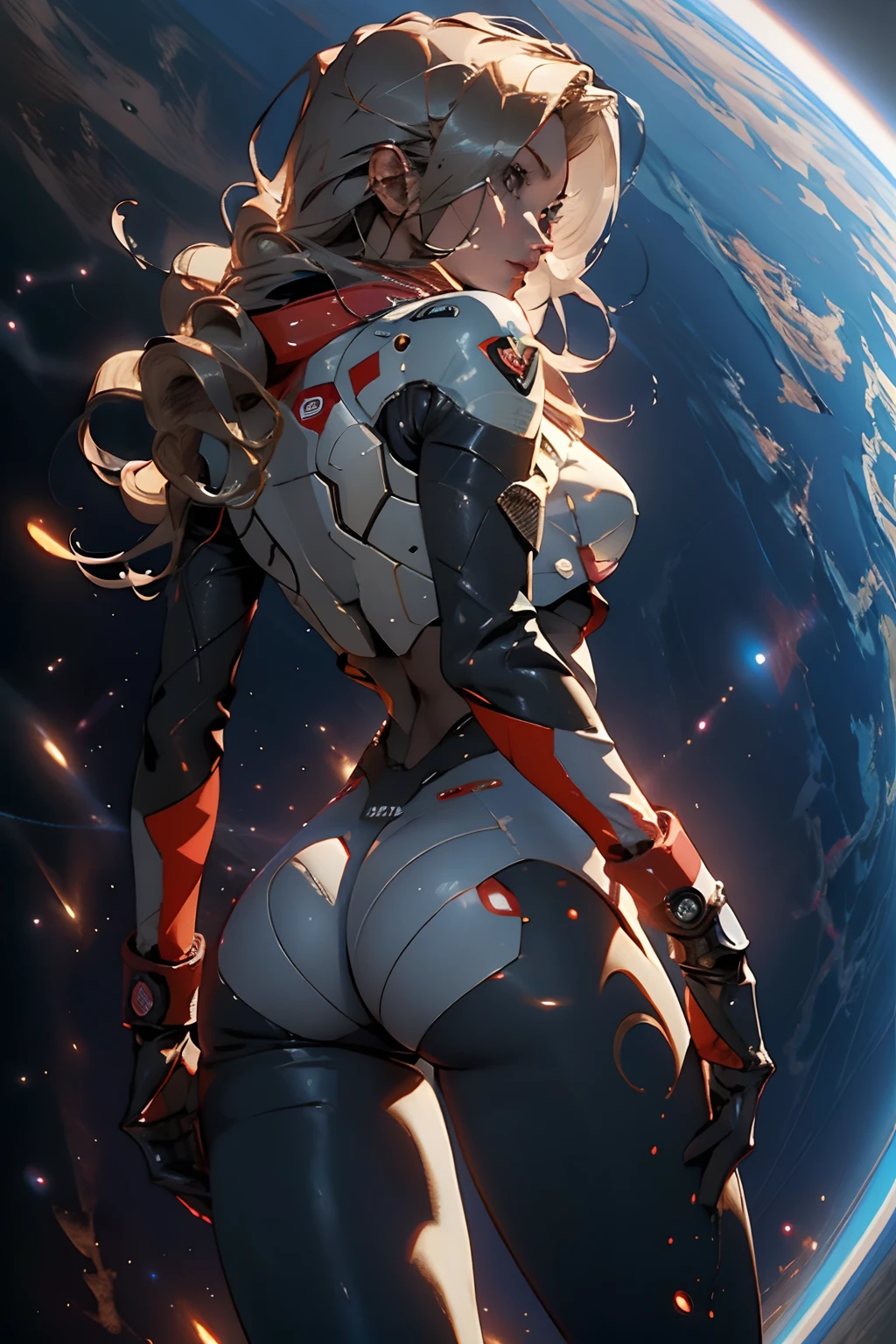 rear view, backside view, sandy hair, fit body, large breasts, slender thighs, slender waist, pilot suit, solo, looking away from the viewer, in space long hair, blushing, slight smile, 8k, extreme detail, sharp detail on face, beautiful face,