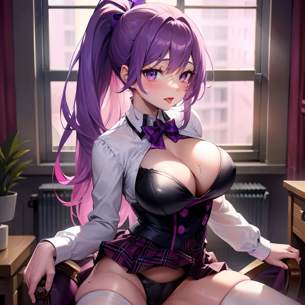 Solo, Delicate face, Long eyelashes, Narrow eyes, (High ponytail: 1.3), (Purple eyes: 1.3), (Fuchsia hair and white mesh: 1.2), Big Cleavage, Slim, Tartan Check, Music Room, angle from top, uniform, light blue underwear, Sweat, sit on chair, Open legs, Open legs, Open mouth, Tongue out, Open Legs Wide, Crotch, , sheer
