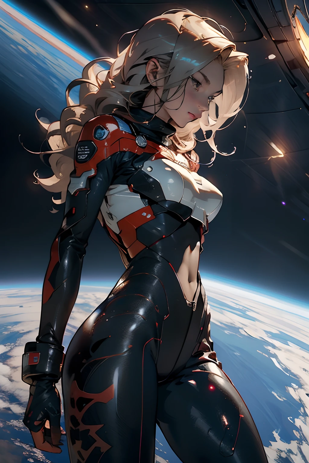 rear view, backside view, sandy hair, fit body, large breasts, slender thighs, slender waist, pilot suit, solo, looking away from the viewer, in space long hair, blushing, slight smile, 8k, extreme detail, sharp detail on face, beautiful face,