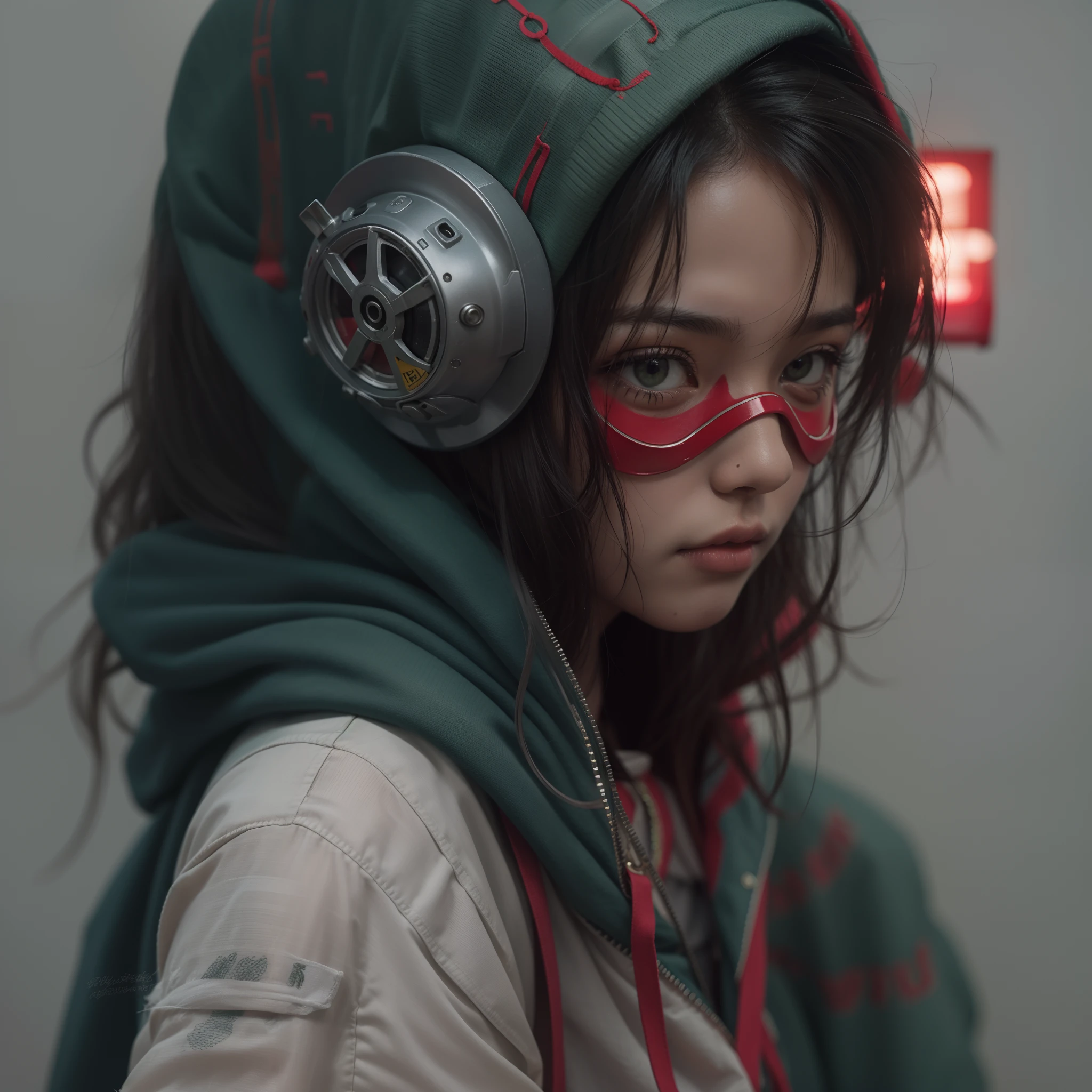 Young malay girl of 20 years of age, gran trasero y grandes senos, cabello color rojo, usando una sudadera blanca, con capucha, with a Cyberpunk-style gas mask, muy detallado cg, textura detallada, hiperrealista, 8 k resolution, 32k resolution, cinematic lighting, high resolution, ojos color verde intenso,