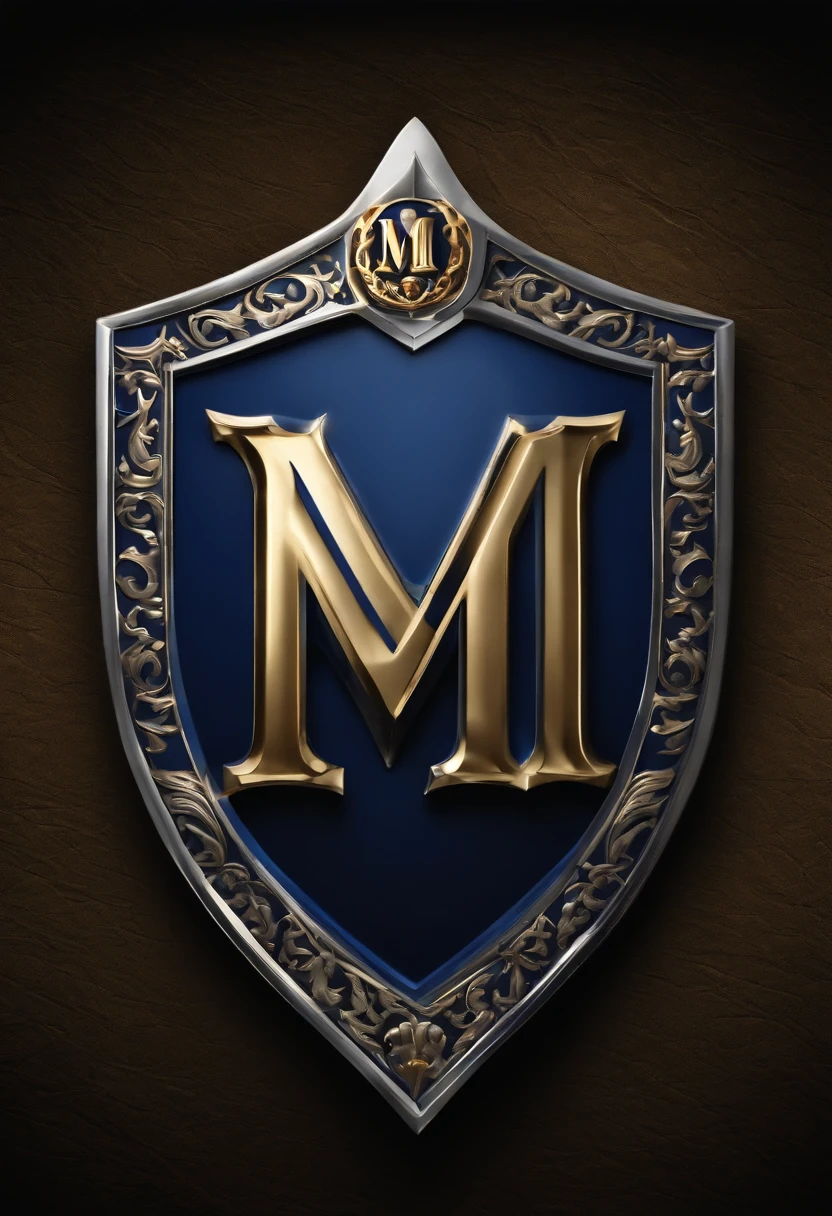 Has the letter M in the Gothic style、Do you form a medieval shield?、Do you form a navy blue medieval shield?、Illustrated 3D logo with Gothic letter M with cross embedded in medieval shield, Silver and Gold