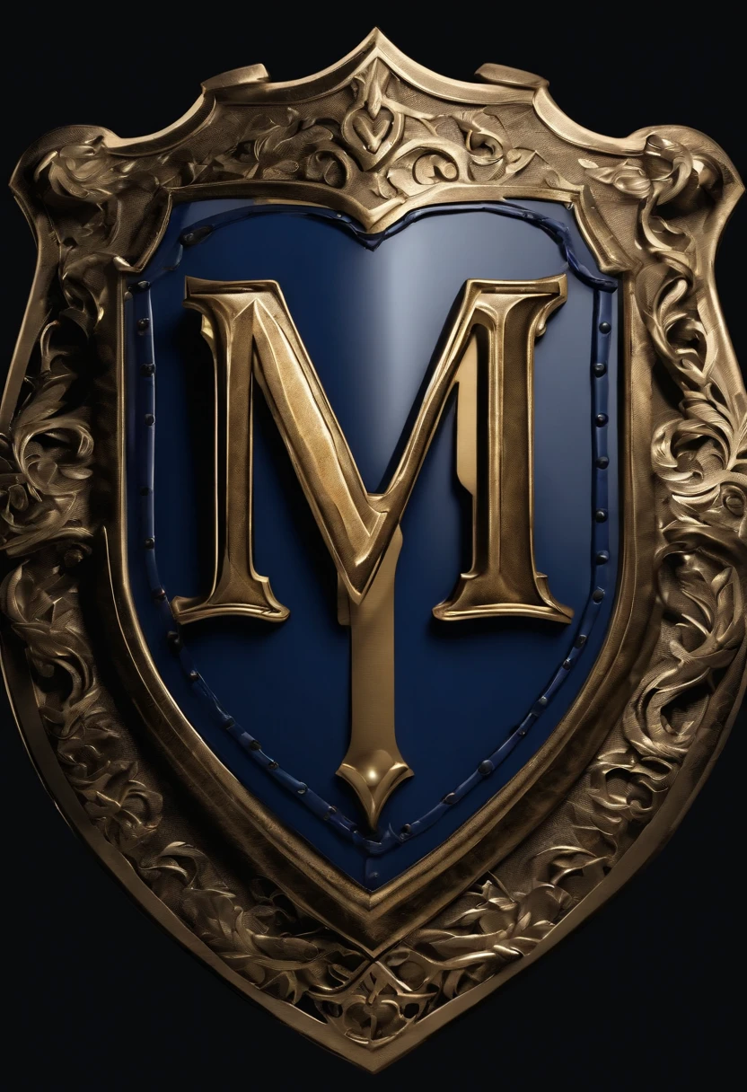 Has the letter M in the Gothic style、Do you form a medieval shield?、Do you form a navy blue medieval shield?、Illustrated 3D logo with Gothic letter M with cross embedded in medieval shield, Silver and Gold