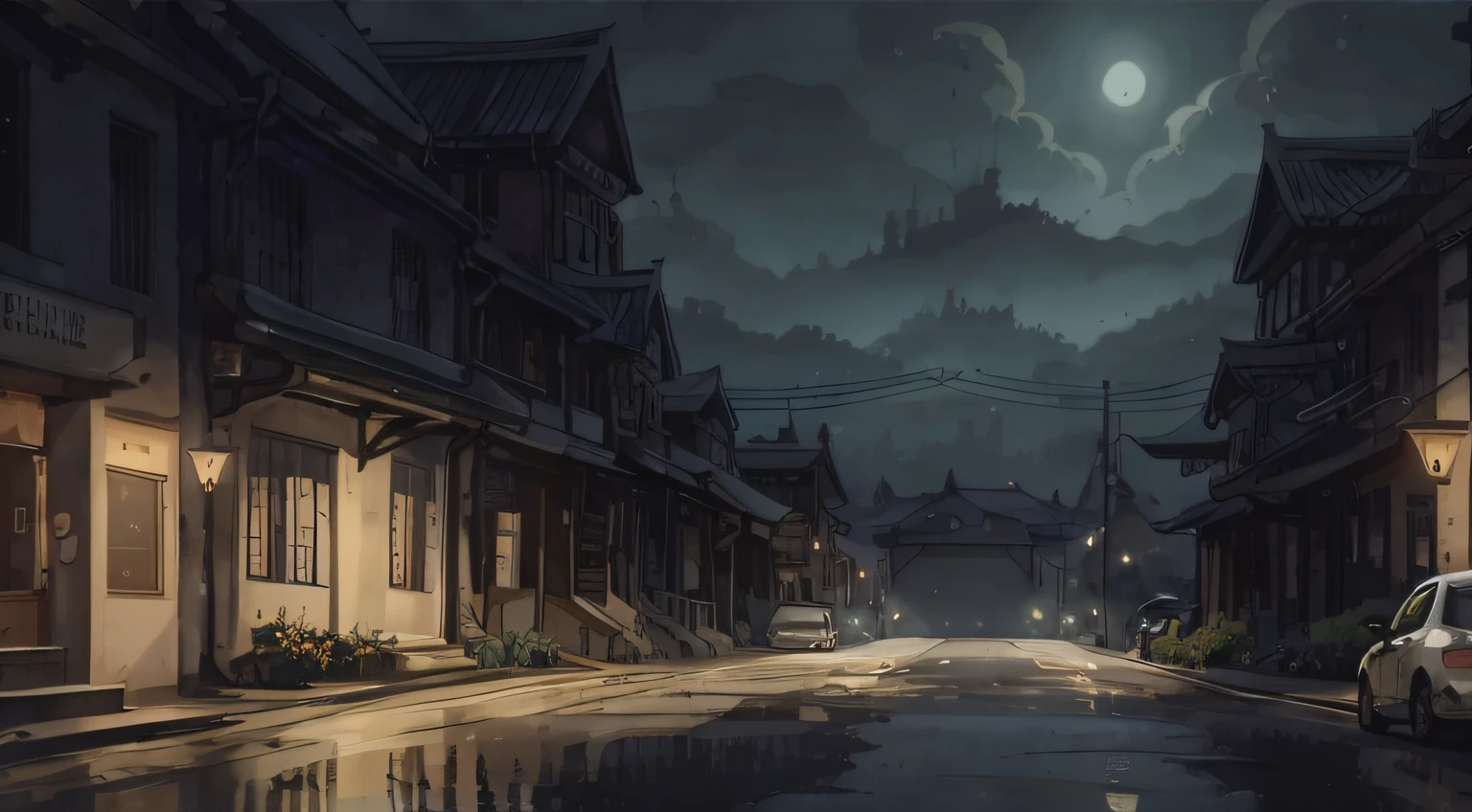 nighttime scene of a street with a car parked on the side of the road, cartoon moody scene, town background, background artwork, anime style cityscape, anime scenery concept art, anime background art, scenery game concept art, 2 d game environment design, stylized urban fantasy artwork, nightime village background, japanese town, dreamy chinese town, misty ghost town