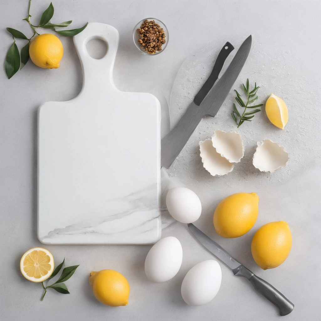 Close-up of the kitchen countertop，cutting board，Eggs and shells，A pile of flour，lemons，Official product photo, smooth clean surfaces, an award winning masterpiece, professional food photography, highly detailed composition, food photography，Ultra photo realsisim，