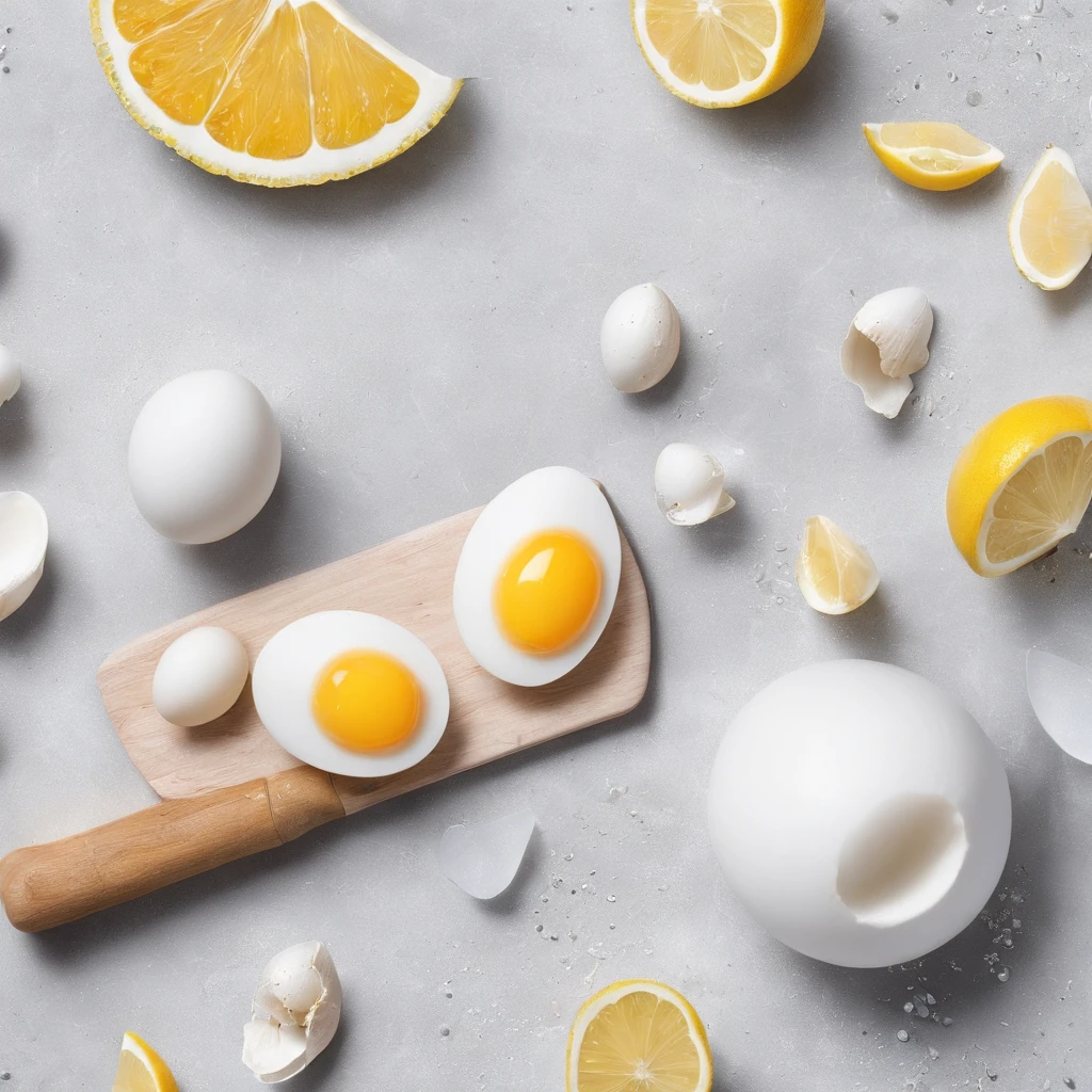 Close-up of the kitchen countertop,cutting board,Eggs and shells,A pile of flour,lemons,Official product photo, smooth clean surfaces, an award winning masterpiece, professional food photography, highly detailed composition, food photography,Ultra photo realsisim,