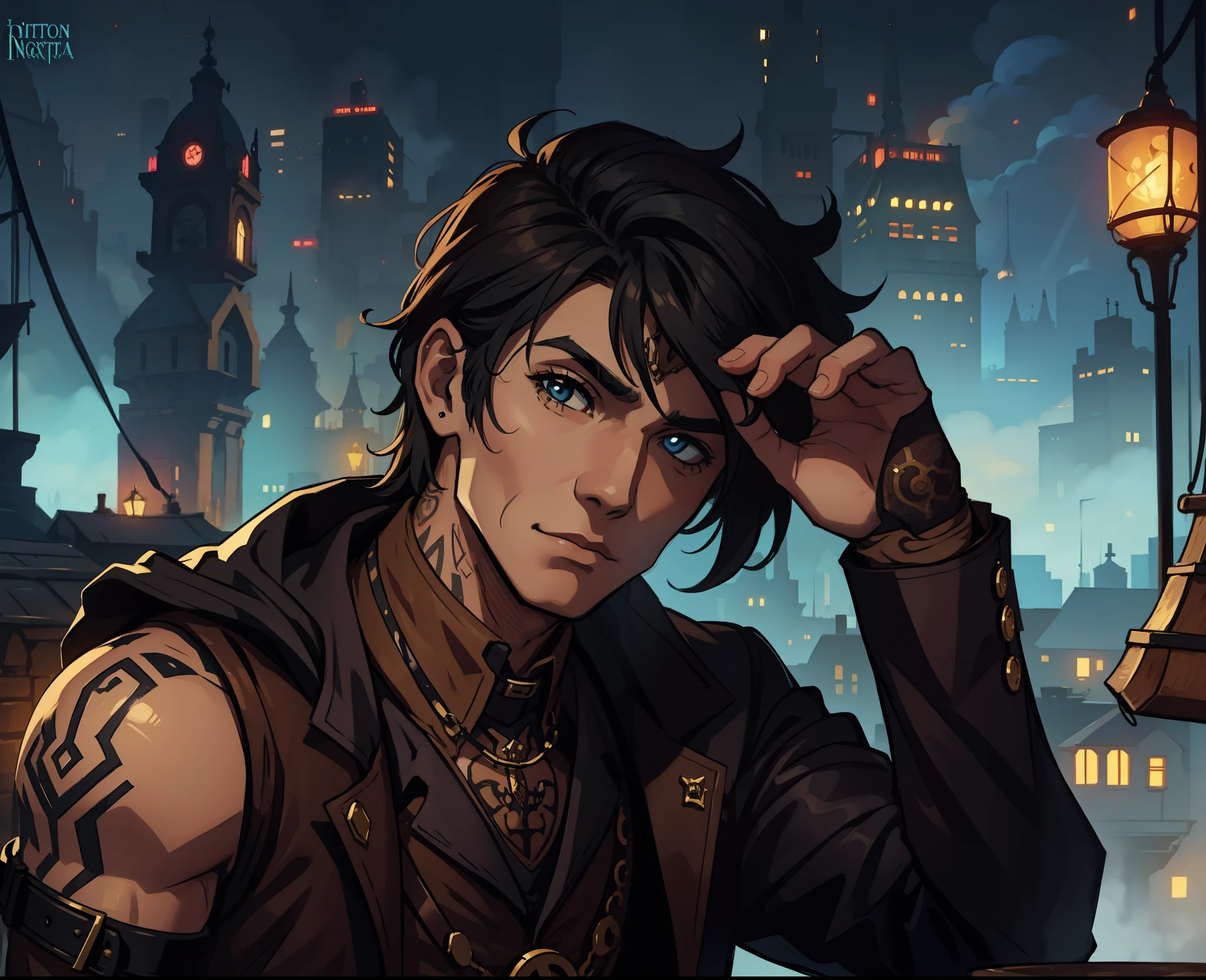 1 homem lindo com tattuagem Steampunk, An art for an RPG A non-human nocturnal city background