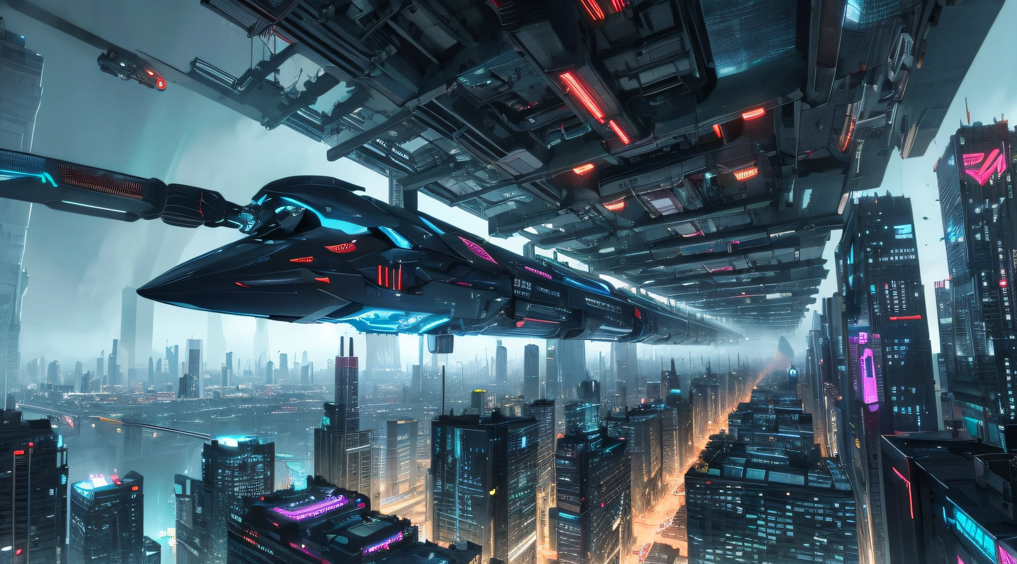 Futuristic Cityscape, ((Cyborg)), (Irregular Architecture), Mechanics, (Cyberpunk), (Levitation Train), Drones, Realistic Lighting, (Abyss) Masterpiece, High Quality, Beautiful Graphics, high detail,