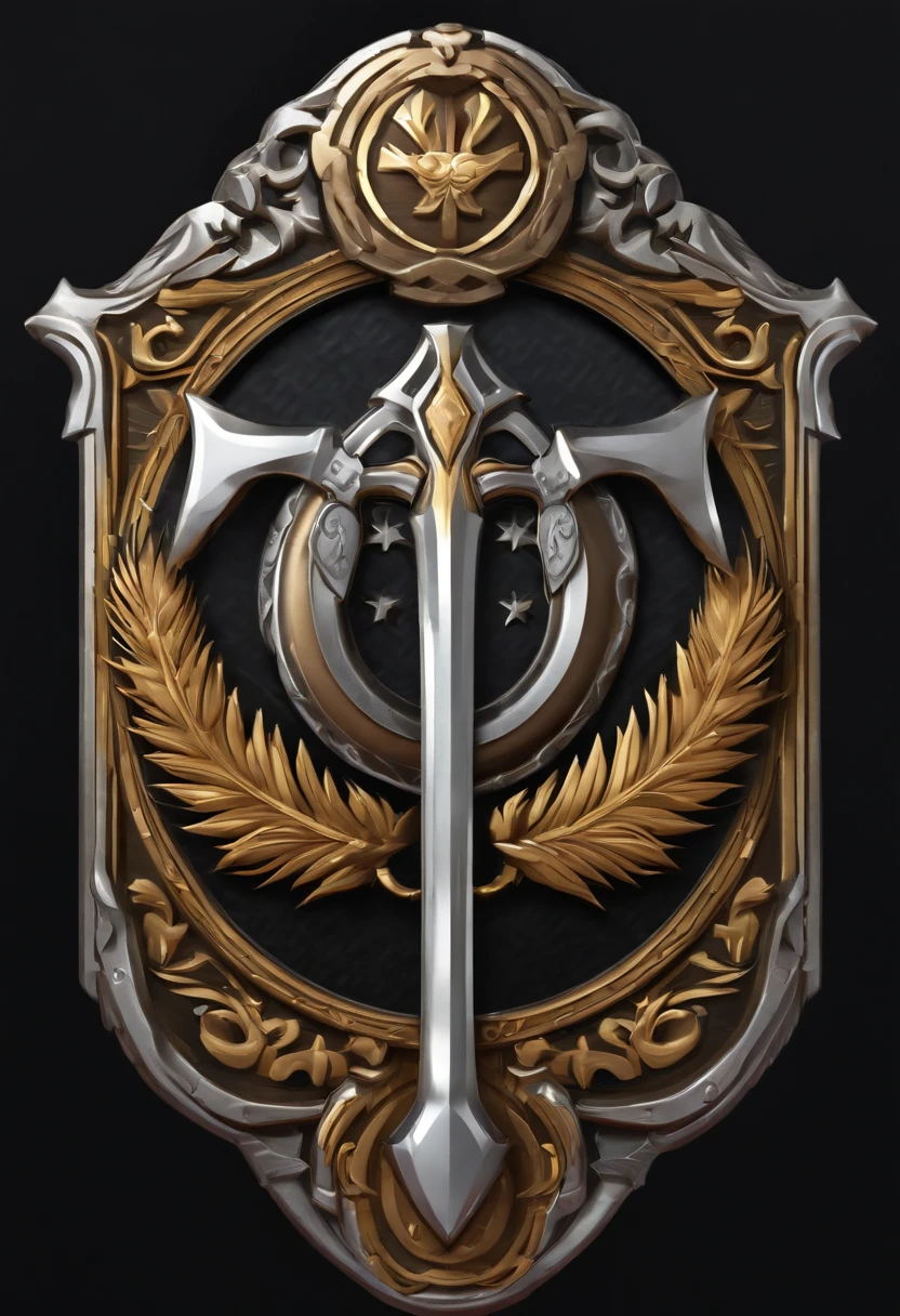 （Game achievement badge design），silver medal，Flat 2D Effects，Wheat border ears，(In the center of the medallion is the letter M、There is an icon at the intersection of the hammer and wrench)、sword and magic