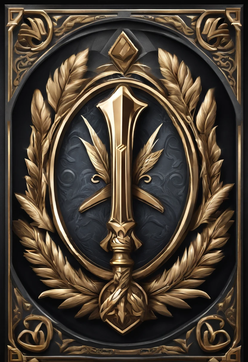 （Game achievement badge design），silver medal，Flat 2D Effects，Wheat border ears，(In the center of the medallion is the letter M、There is an icon at the intersection of the hammer and wrench)、sword and magic