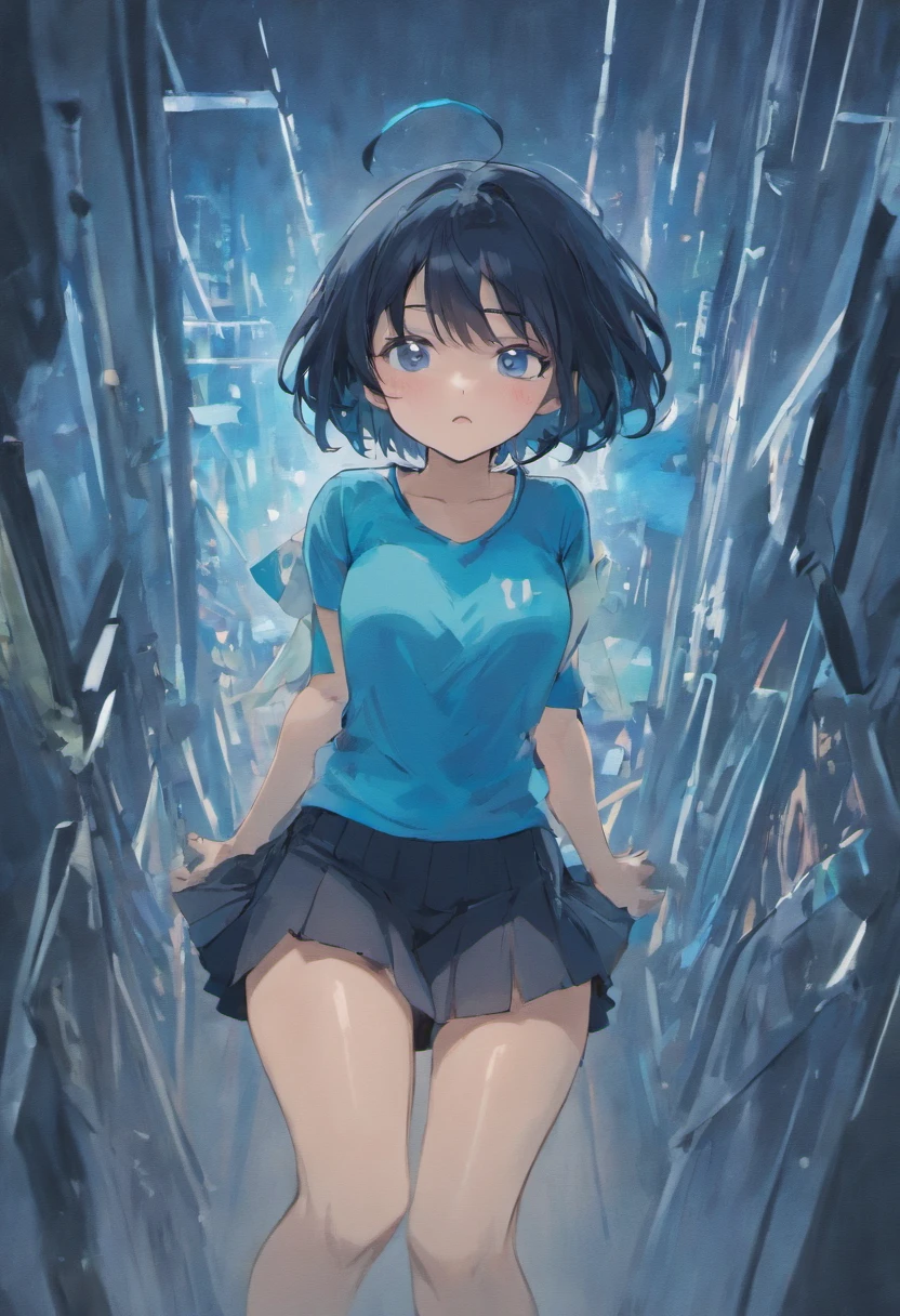 1girl, backwards, tights, eyes closed, arms down, black hair, short hair, blue shirt, blue skirt, feet