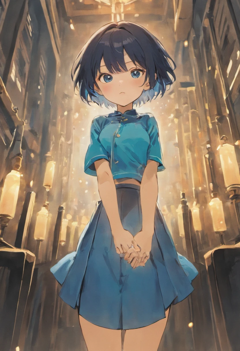 1girl, backwards, tights, eyes closed, arms down, black hair, short hair, blue shirt, blue skirt, feet