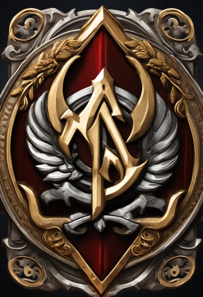 （Game achievement badge design），silver medal，Flat 2D Effects，Wheat border ears，(In the center of the medallion is the letter M、There is an icon at the intersection of the hammer and wrench)、sword and magic