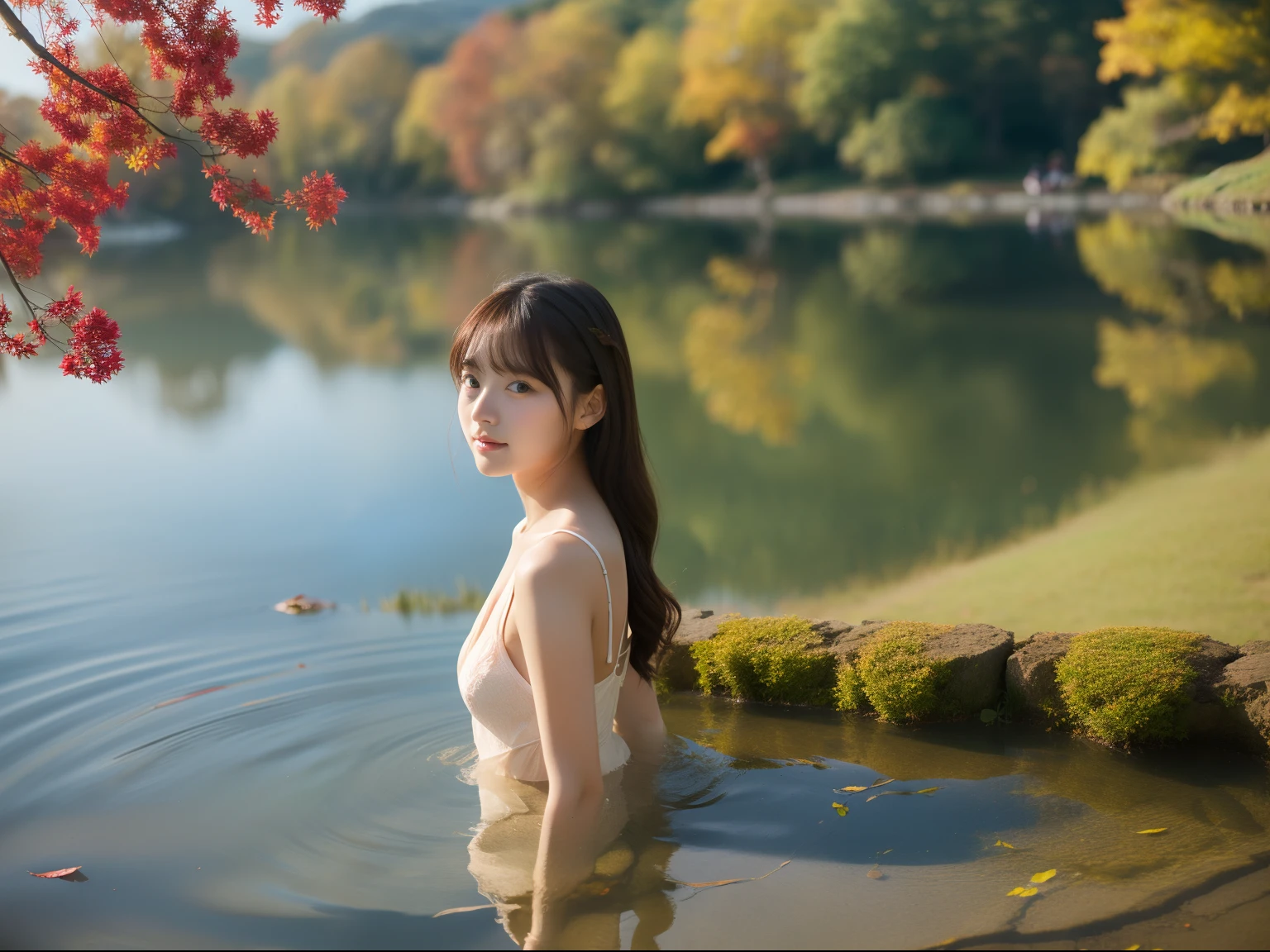 Beautuful Women、18year old 、body shot、Colored leaves、lake