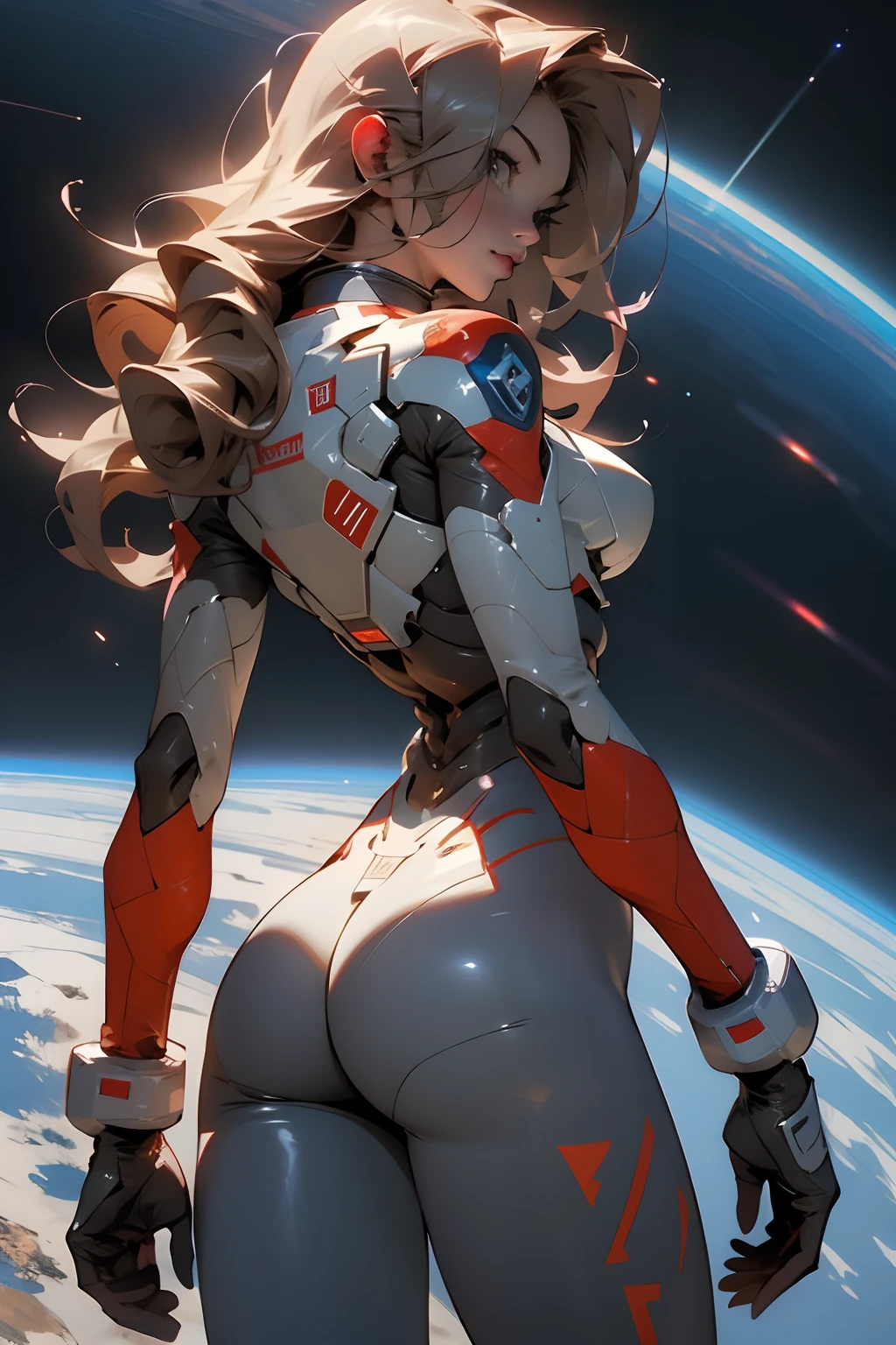 rear view, backside view, sandy hair, fit body, large breasts, slender thighs, slender waist, pilot suit, solo, looking away from the viewer, in space long hair, blushing, slight smile, 8k, extreme detail, sharp detail on face, beautiful face,