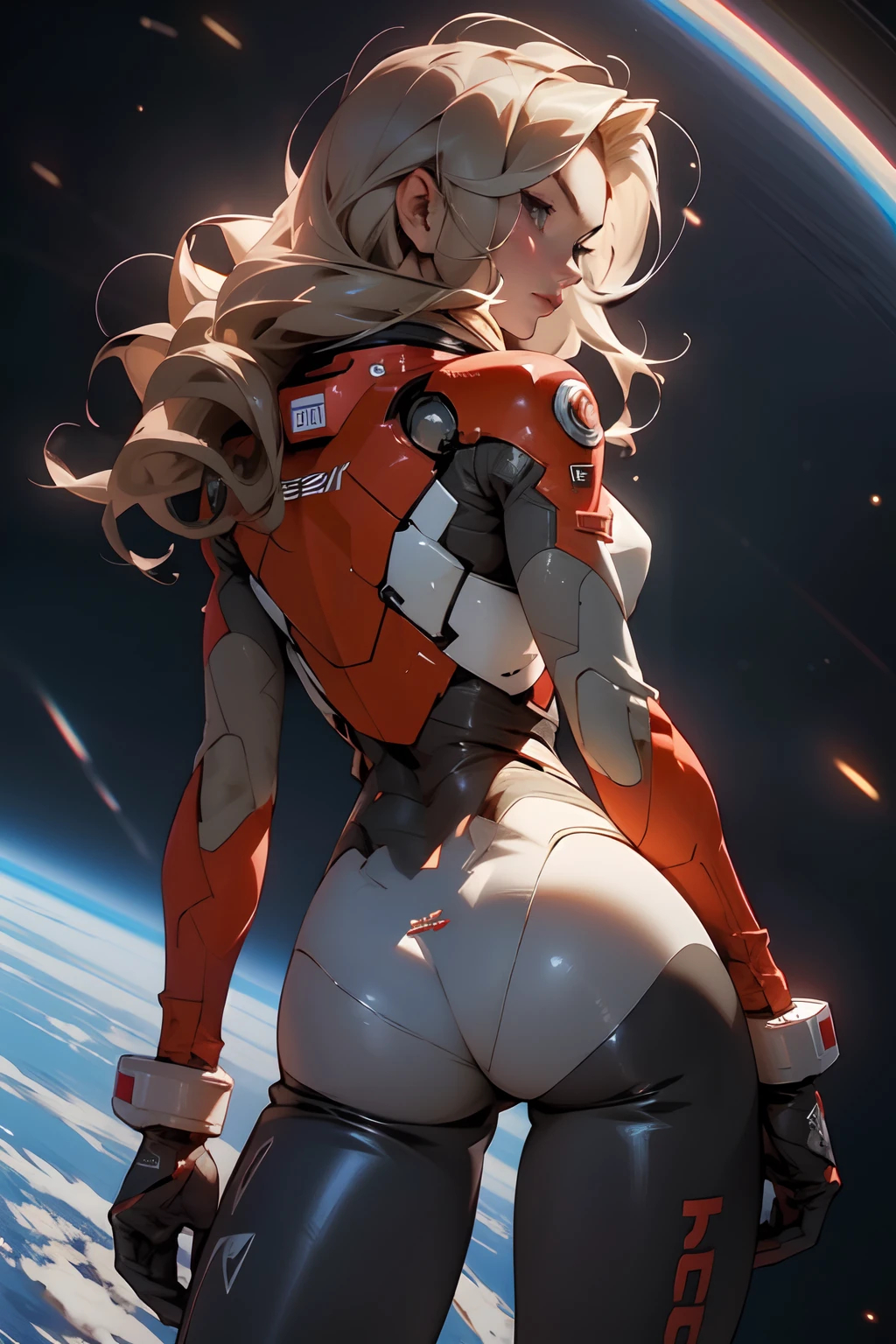 rear view, backside view, sandy hair, fit body, large breasts, slender thighs, slender waist, pilot suit, solo, looking away from the viewer, in space long hair, blushing, slight smile, 8k, extreme detail, sharp detail on face, beautiful face,