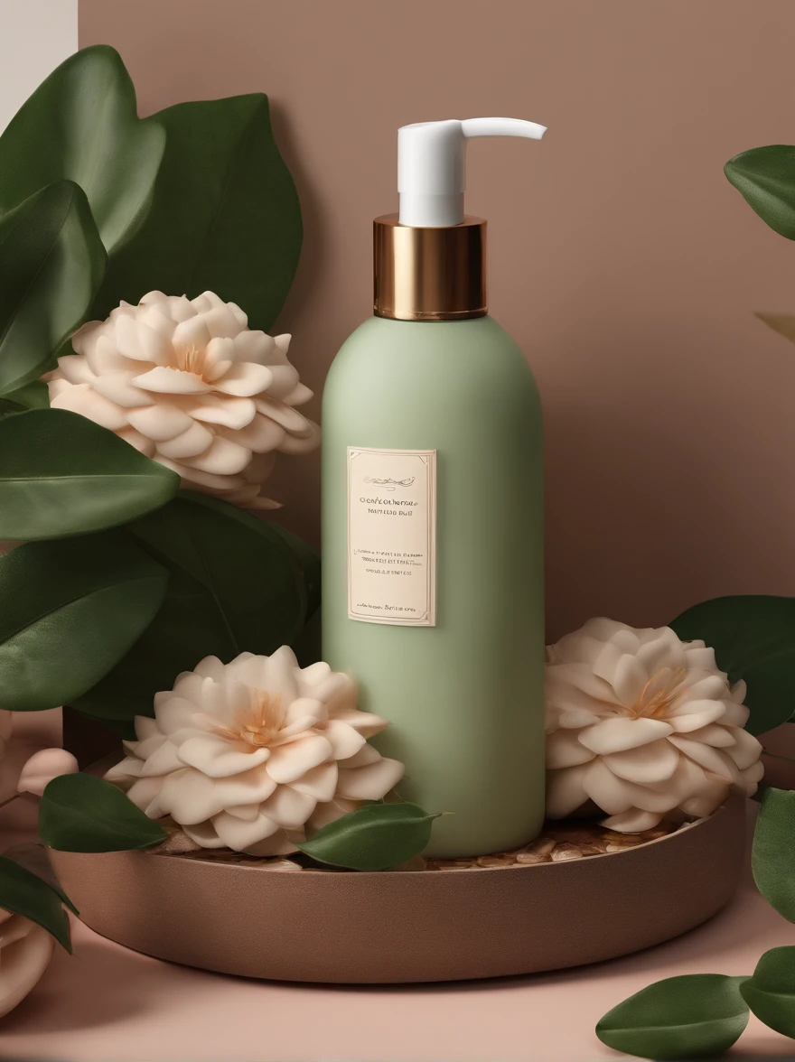 A bottle of body lotion surrounded by some flowers,Surrounded by complex greenery communities,OC rendering,Match the environment,exquisite curve,Expression mysterious,noble,𝓡𝓸𝓶𝓪𝓷𝓽𝓲𝓬