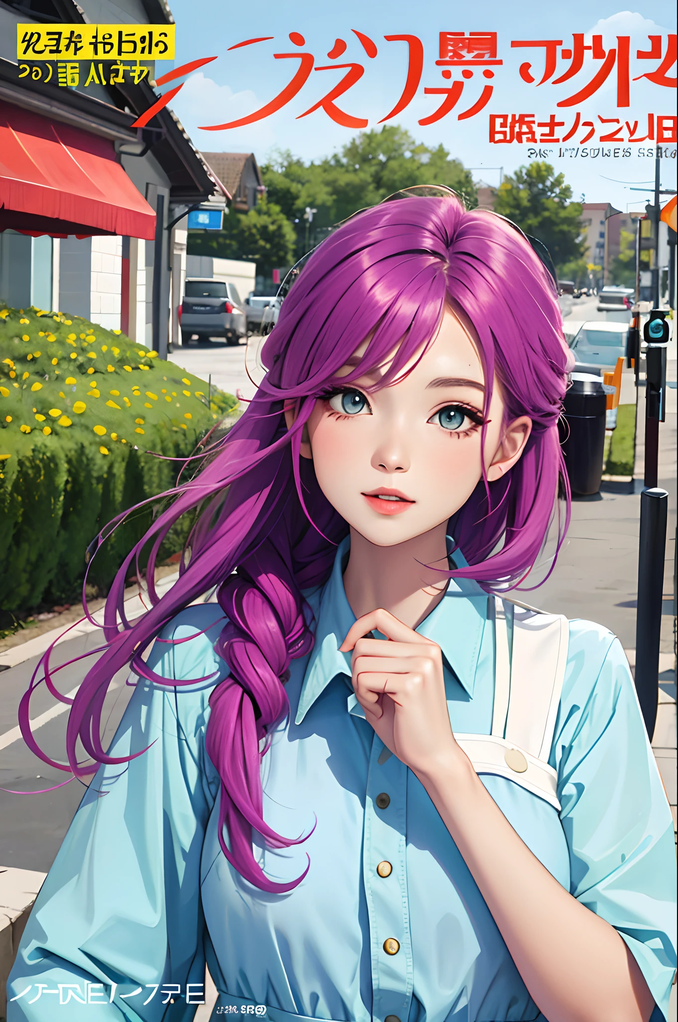 masterpiece, best quality, spring outfit, colorful hair, outdoor, magazine cover ,upper body,
