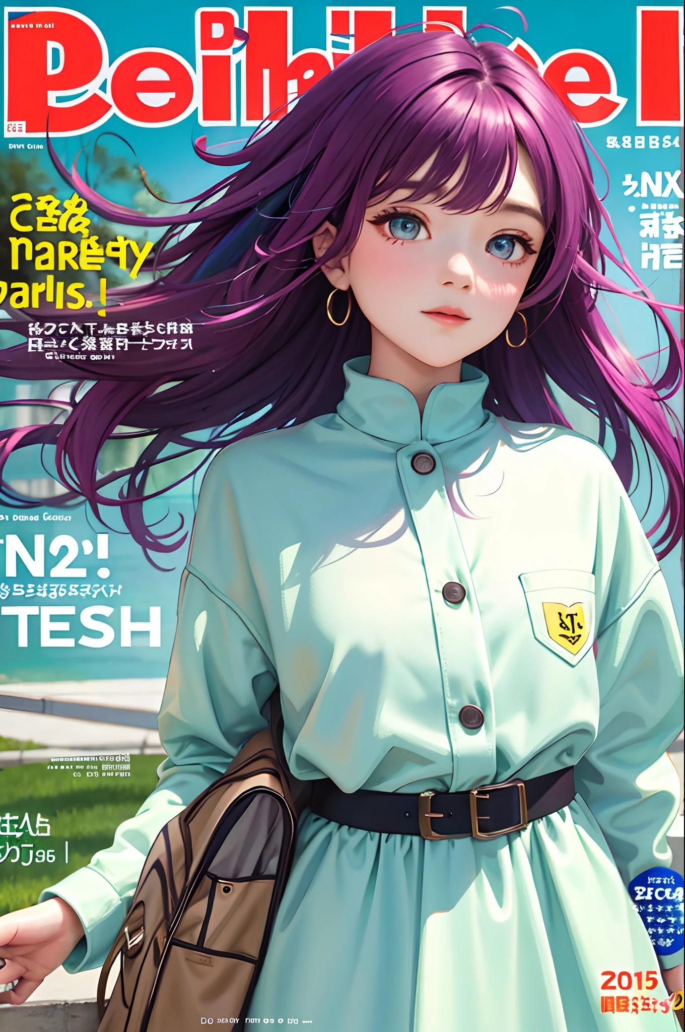 masterpiece, best quality, spring outfit, colorful hair, outdoor, magazine cover ,upper body,