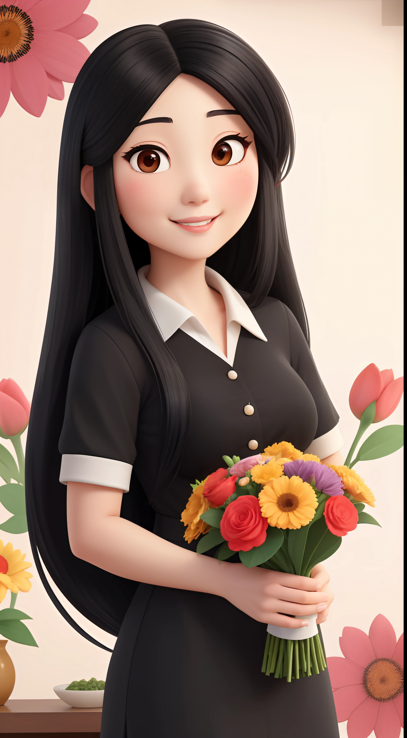 30 age old，Asian woman with long black hair, Flowers in hand，face round, with a round face，attractive smile, and black eyes, full bodyesbian