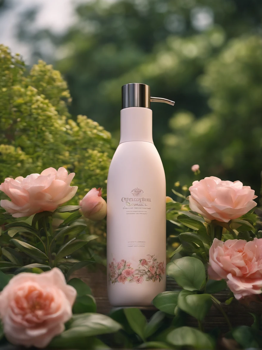 A bottle of body lotion surrounded by flowers,Surrounded by a complex of green neighborhoods,oc rendered,Match the environment,exquisite curve,The expression is mysterious,Noble,𝓡𝓸𝓶𝓪𝓷𝓽𝓲𝓬