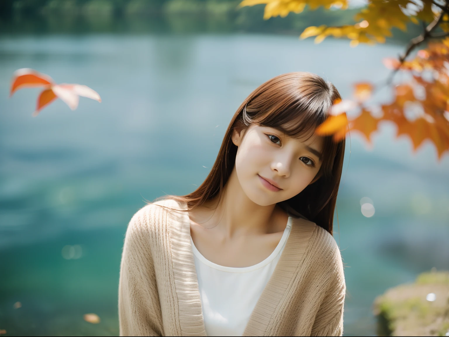 Beautuful Women、18year old 、body shot、Colored leaves、lake