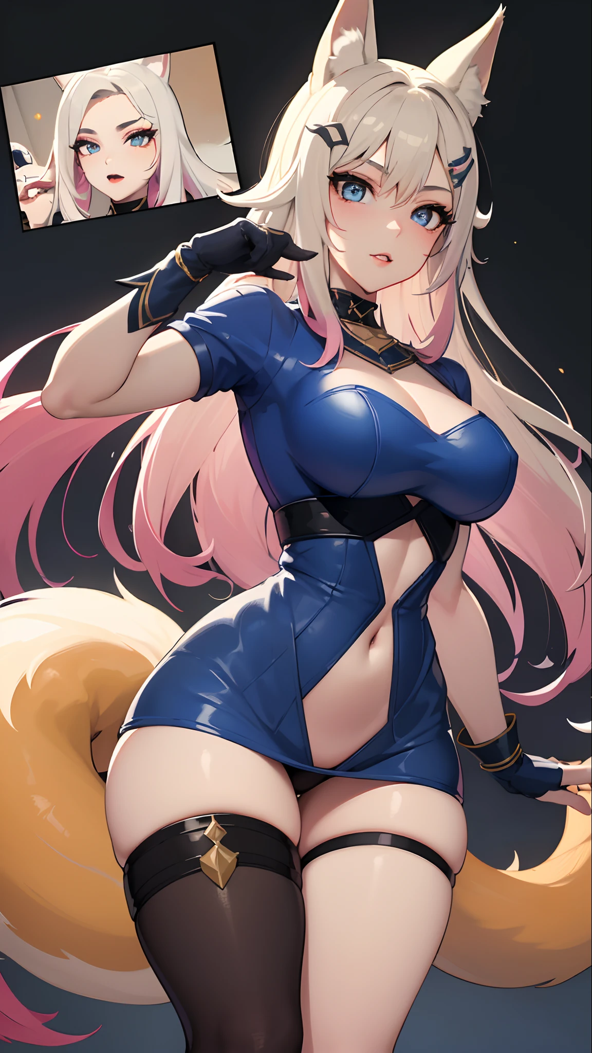 best quality,masterpiece,8k wallpaper,absurdres, highres, ultra detailed, (ung beautiful girl, solo:1.1),realistic,k/da (league of legends), solo, animal ears,gloves, fox ears, hair ornament, long hair, blonde hair,blue eyes, whisker markings, fingerless gloves, pink hair,multicolored hair,official alternate costume, asymmetrical clothes, makeup, facial mark, hairclip, medium breasts, athletic body, slimskirt, thigh strap, lips, gradient hair, fox tail, single glove,fox tail, (nine-tailed fox (mythological creature):1.3),A fairytale land where magical creatures live and thrive,BREAK