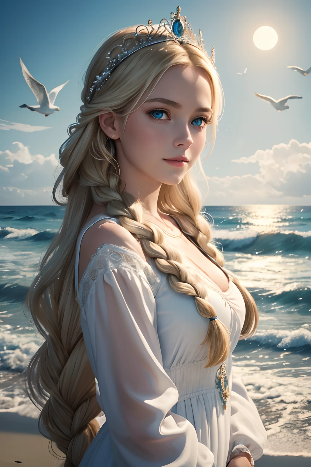 ,((Best quality))),8k,((Masterpiece)),(Extremely refined and beautiful), there is a girl coming out of the sea, a swan princess in Russian mythology, beautiful calm face, blue eyes, long blonde hair braided, the moon braided hair on the back of the head, white old Russian shiny clothes with a Kokoshnik crown on his head, affectionate eyes, half a smile, a gentle expression on his face, seascape and sunlight in the background, seagulls in the sky, full length, realism