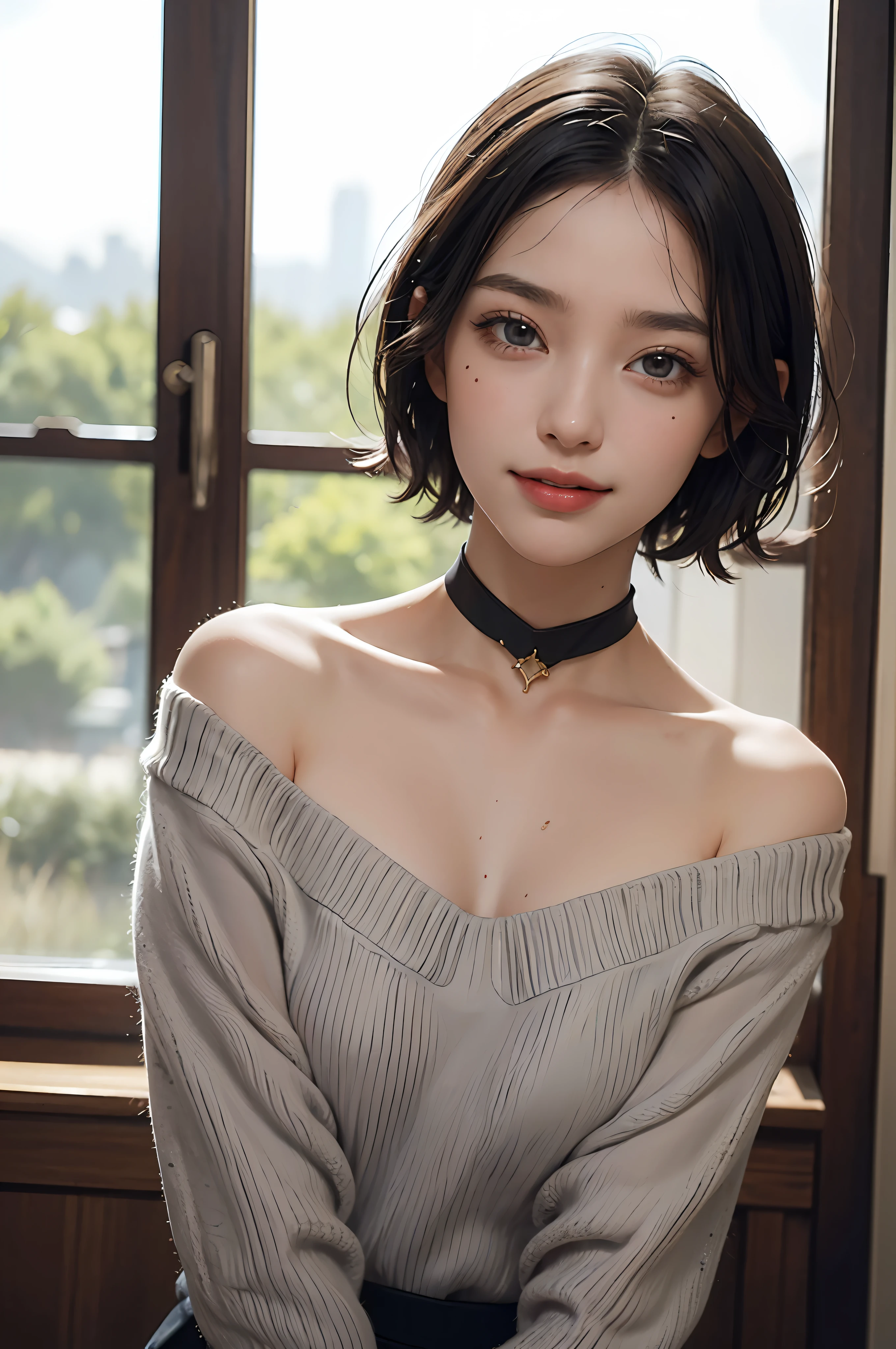 (Masterpiece: 1.3), (8k, Photorealistic, RAW Photo, Best Quality: 1.4), (1girl), Beautiful Face, (Realistic Face), (Black Hair, Short Hair: 1.3), Beautiful Hairstyle, Bangs, Smile, Smile, Realistic Eyes, Gloss, Highlights, Highlights in the pupils, Eyelashes, Beautiful Detail Eyes, (Realistic Skin), Beautiful Skin, Transparency, Off Shoulder, Red Knit, Blue knitwear, black shoulder straps, shoulder straps, thick choker, bust, smile, tooth, absurdity, attractive, ultra-high resolution, ultra-realistic, high definition, golden ratio, crystal clear eyes, wet, mole, gaze on camera, ears, sparkle, long neck, double eyelids, big eyes, cheeks, gentle personality, charming personality, gentle, touching, overwhelming charm, bright personality