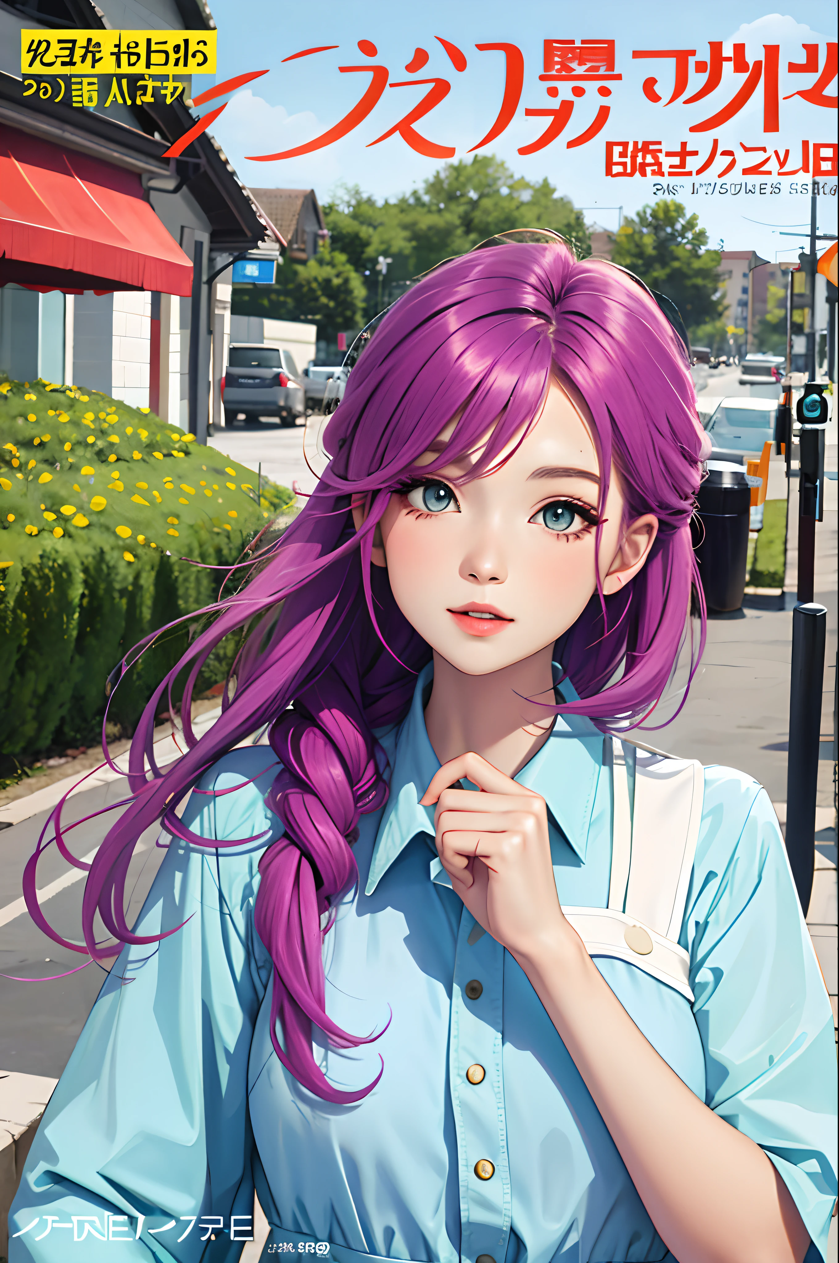 masterpiece, best quality, spring outfit, colorful hair, outdoor, magazine cover ,upper body,