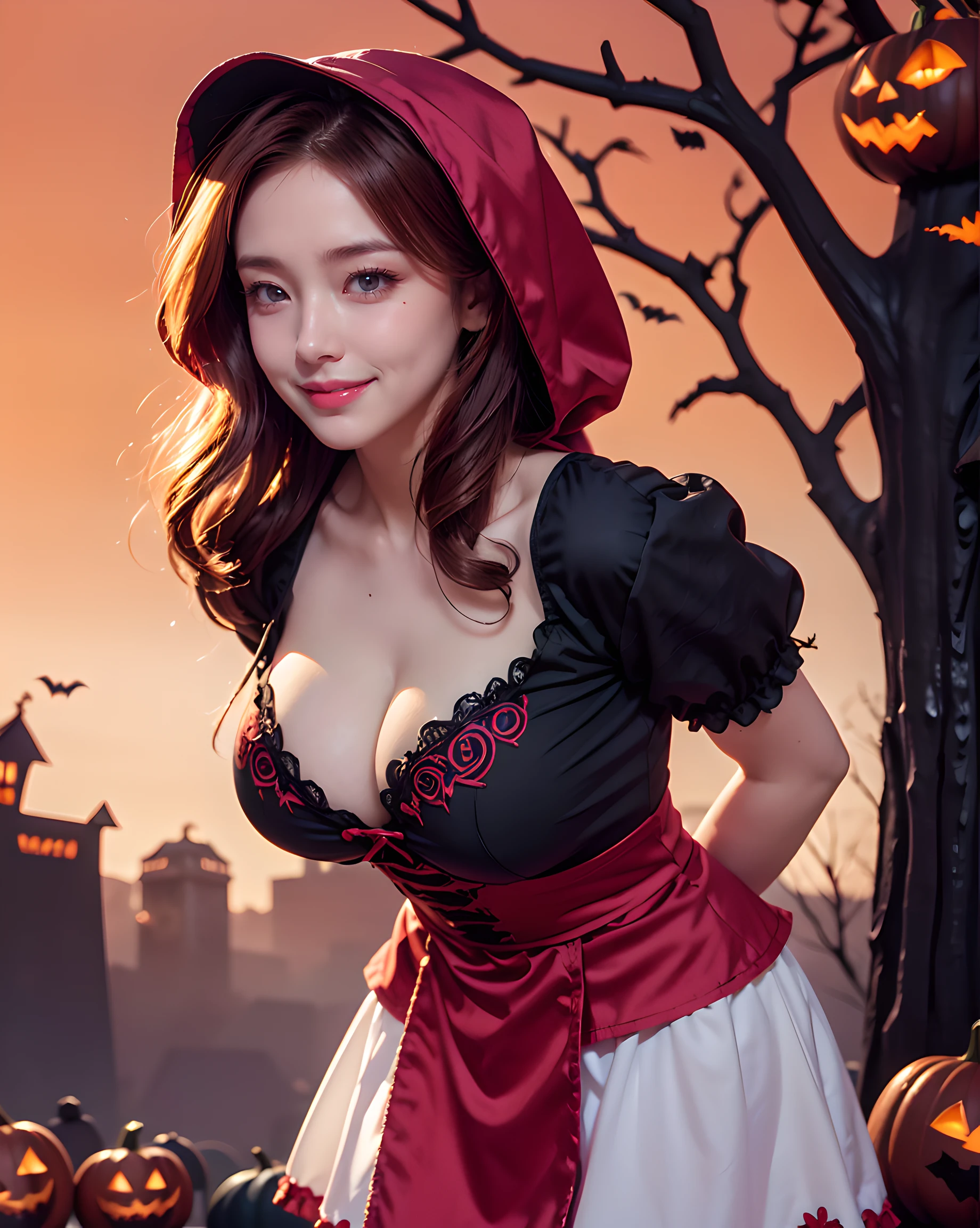 (Halloween theme:1.5), (fantasy:1.5), upper body portrait of a very busty beautiful women wearing halloween LITTLE RED RIDING HOOD costume, skin tight full lacy ultra detailed embroidery Dirndl, (fusion of red satin dirndl and gothic lolita:1.3), BREAK, ((;D1.3, happy evil smile:1.2)), perfect face,perfect eyes,HD details,high details,sharp focus,studio photo,HD makeup,shimmery makeup,celebrity makeup, (Haley Quinn makeup:1.5), ((centered image)) (HD render)Studio portrait,magic, magical, fantasy,(huge breasts)(large breasts),(big breasts),(sagging breasts), tree, forest, halloween forest, jack-o'lantern, pink hair, halloween background, bright pumpkin, (RedHoodWaifu, (red hood, cap)), (arms behind back:1.3), (leaning forward:1.3),